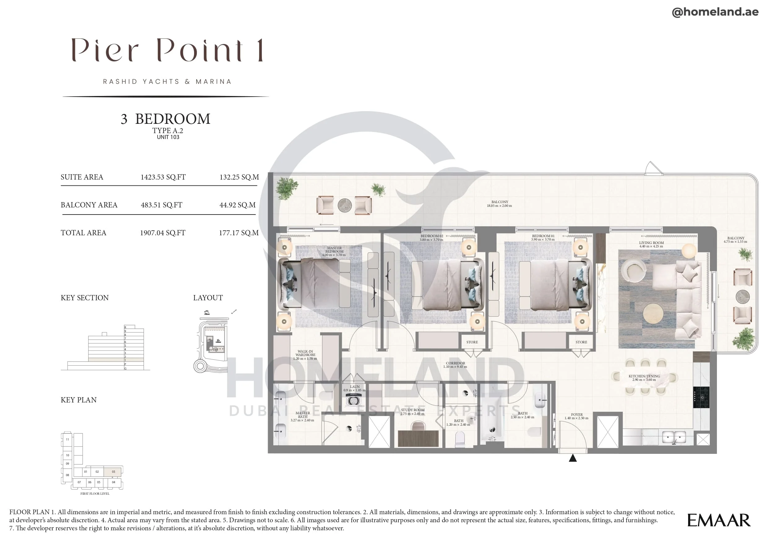 Pier Point 1, 3BR, Type A.2, Unit 103, Level 1, 1907 SQFT