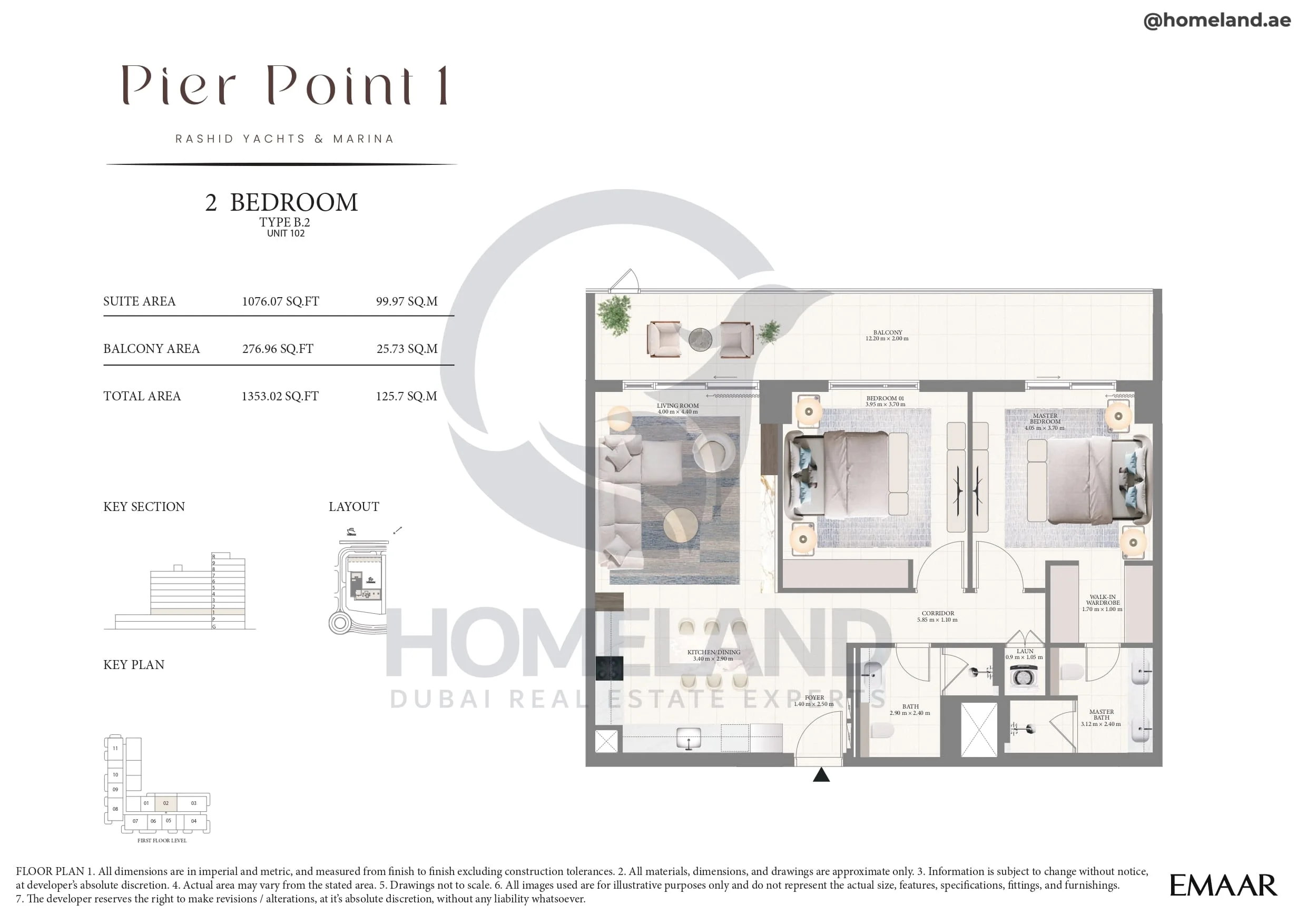 Pier Point 1, 2BR, Type B.2, Unit 102, Level 1, 1353 SQFT