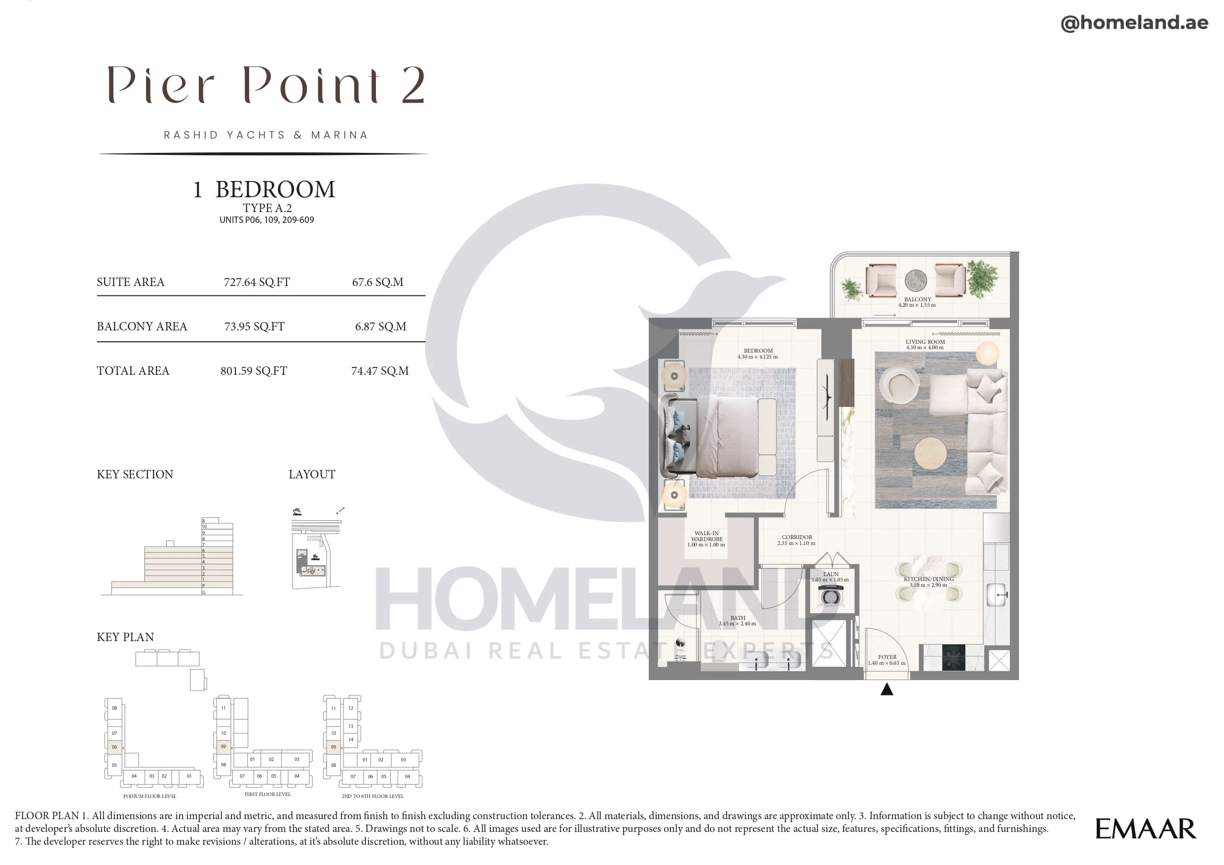 Pier Point 1, 1BR, Type A.2, Unit P06-109-209 to 609, Level P to 6, 801 SQFT