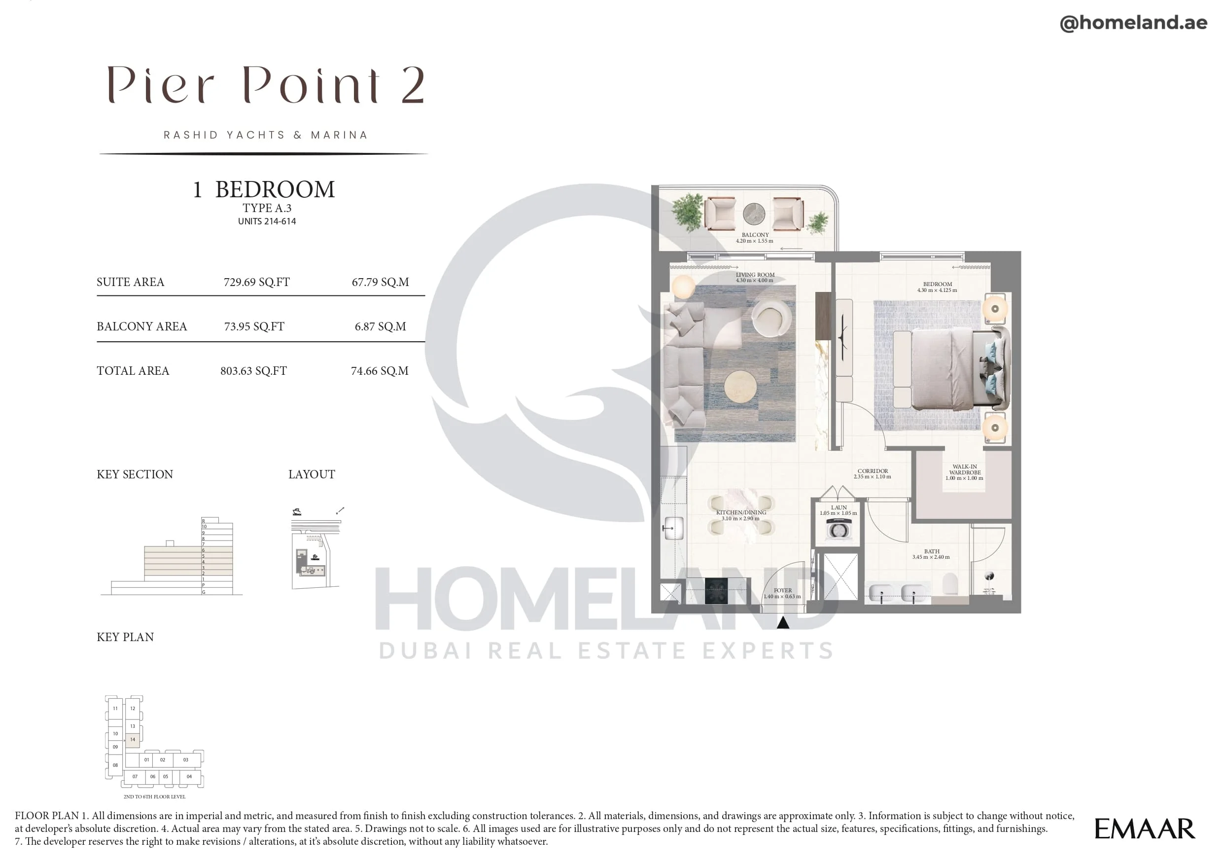 Pier Point 1, 1BR, Type A.3, Unit 214 to 614, Level 2 to 6, 803 SQFT