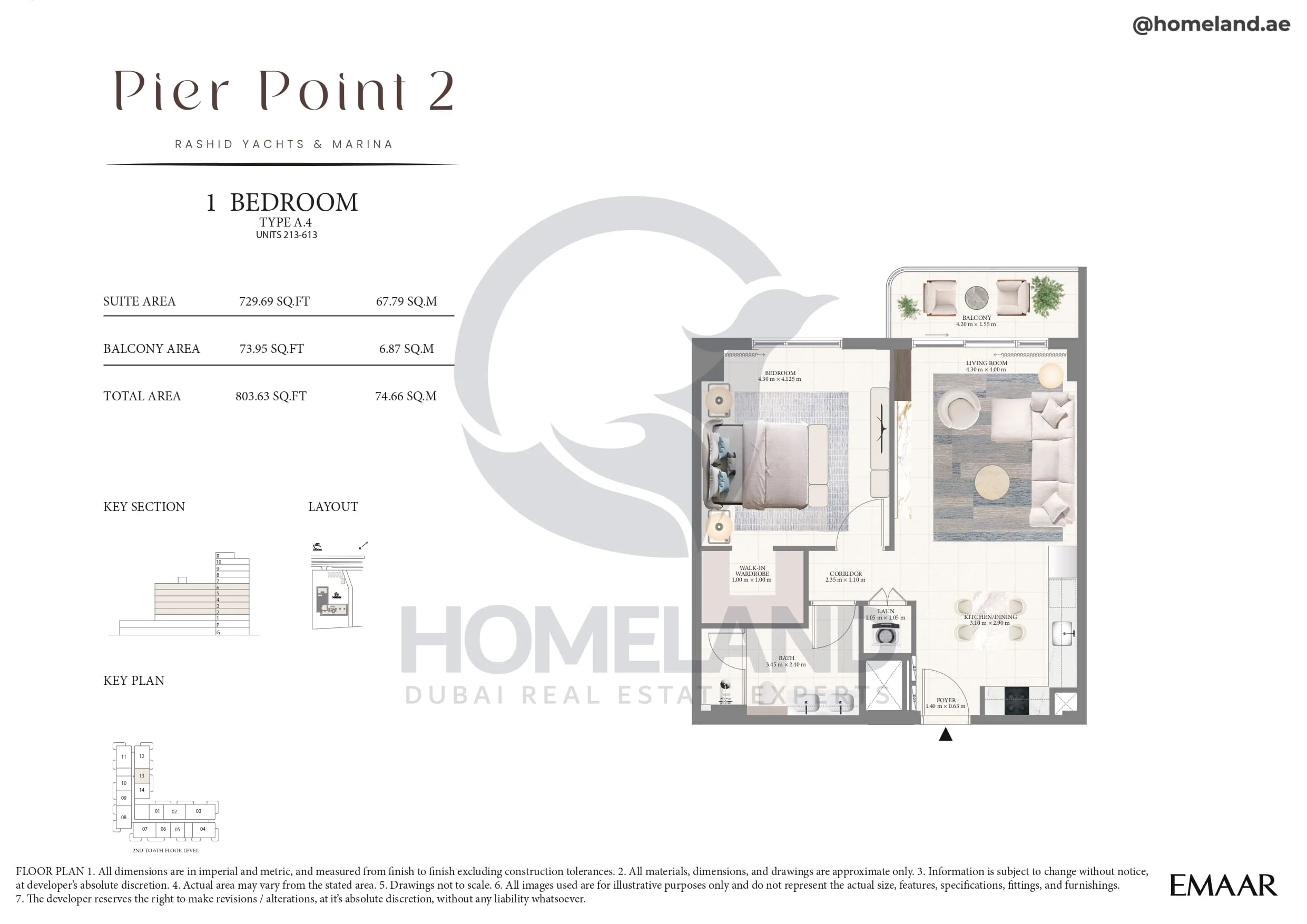 Pier Point 1, 1BR, Type A.4, Unit 213 to 613, Level 2 to 6, 803 SQFT
