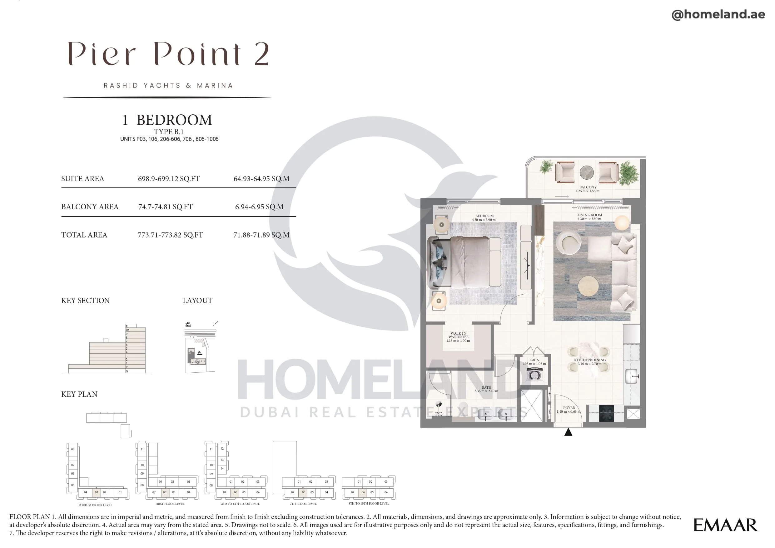 Pier Point 1, 1BR, Type B.1, Unit P03-106-206 to 606-706-806 to 1006, Level P to 10, 773 SQFT
