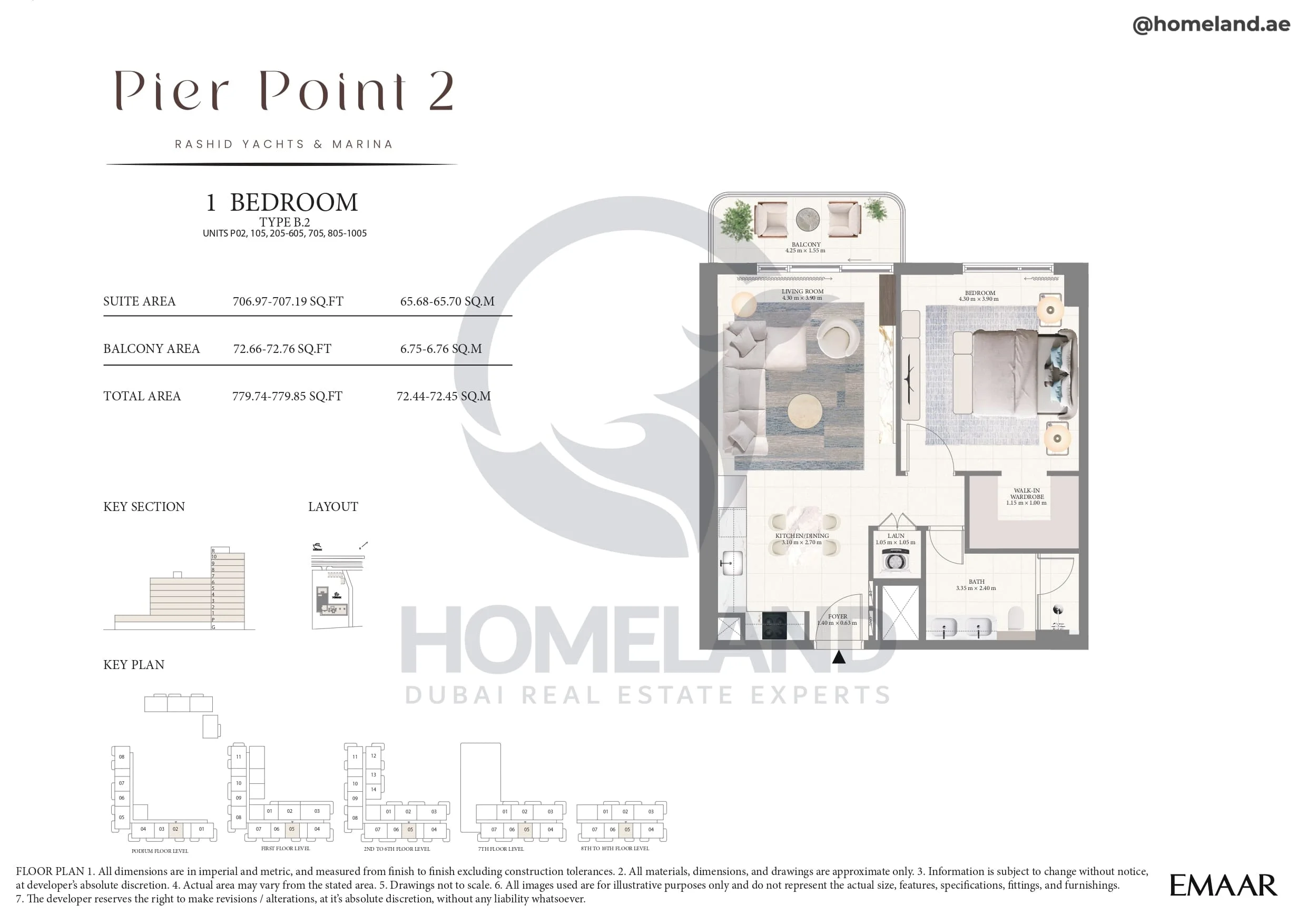 Pier Point 1, 1BR, Type B.2, Unit P02-105-205 to 605-705-805 to 1005, Level P to 10, 779 SQFT