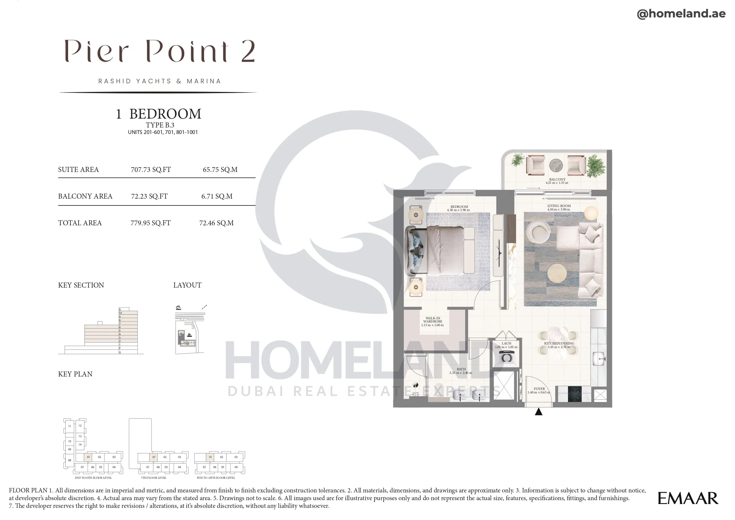 Pier Point 1, 1BR, Type B.3, Unit 201 to 601-701-801 to 1001, Level 2 to 10, 779 SQFT