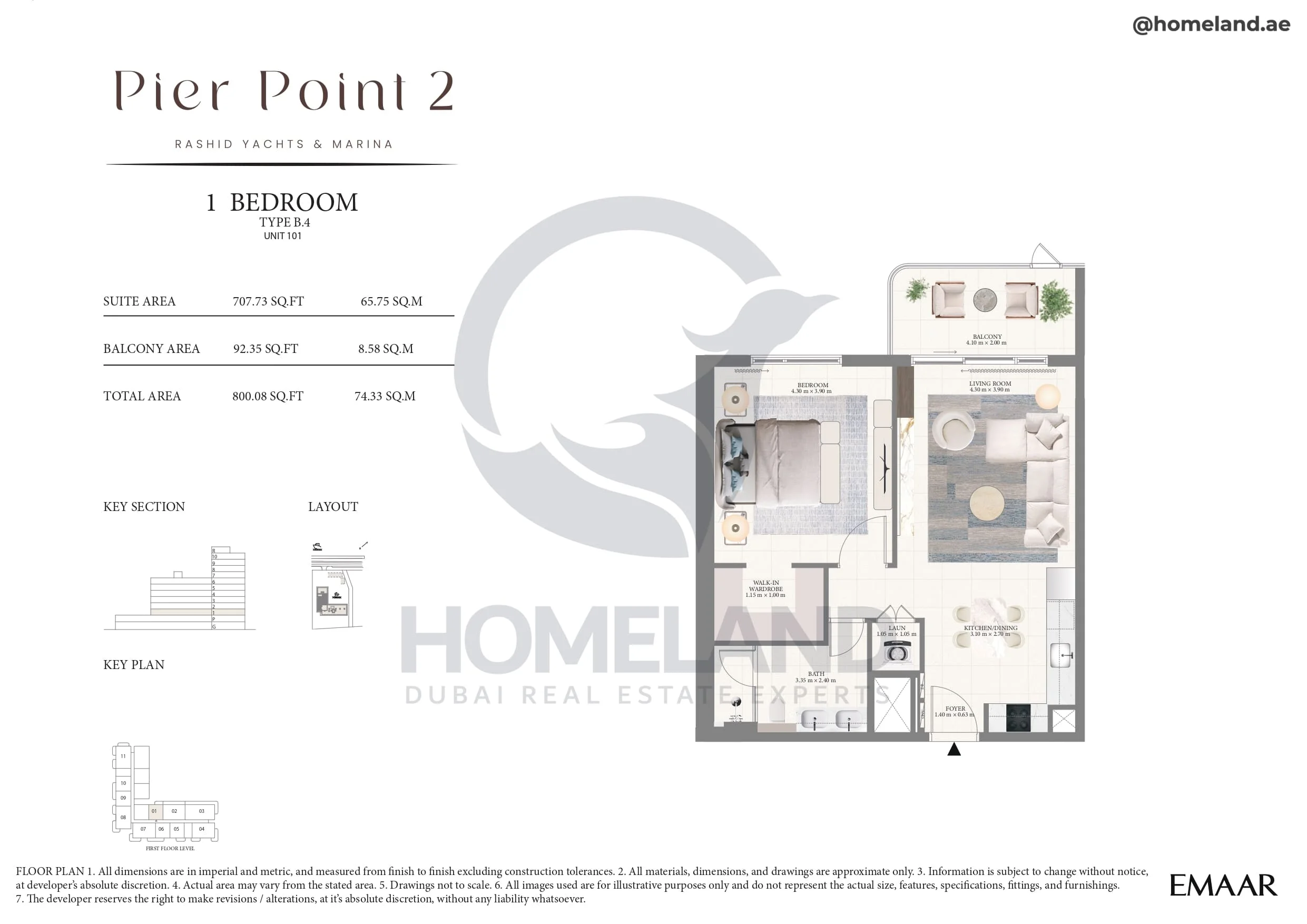 Pier Point 1, 1BR, Type B.4, Unit 101, Level 1, 800 SQFT