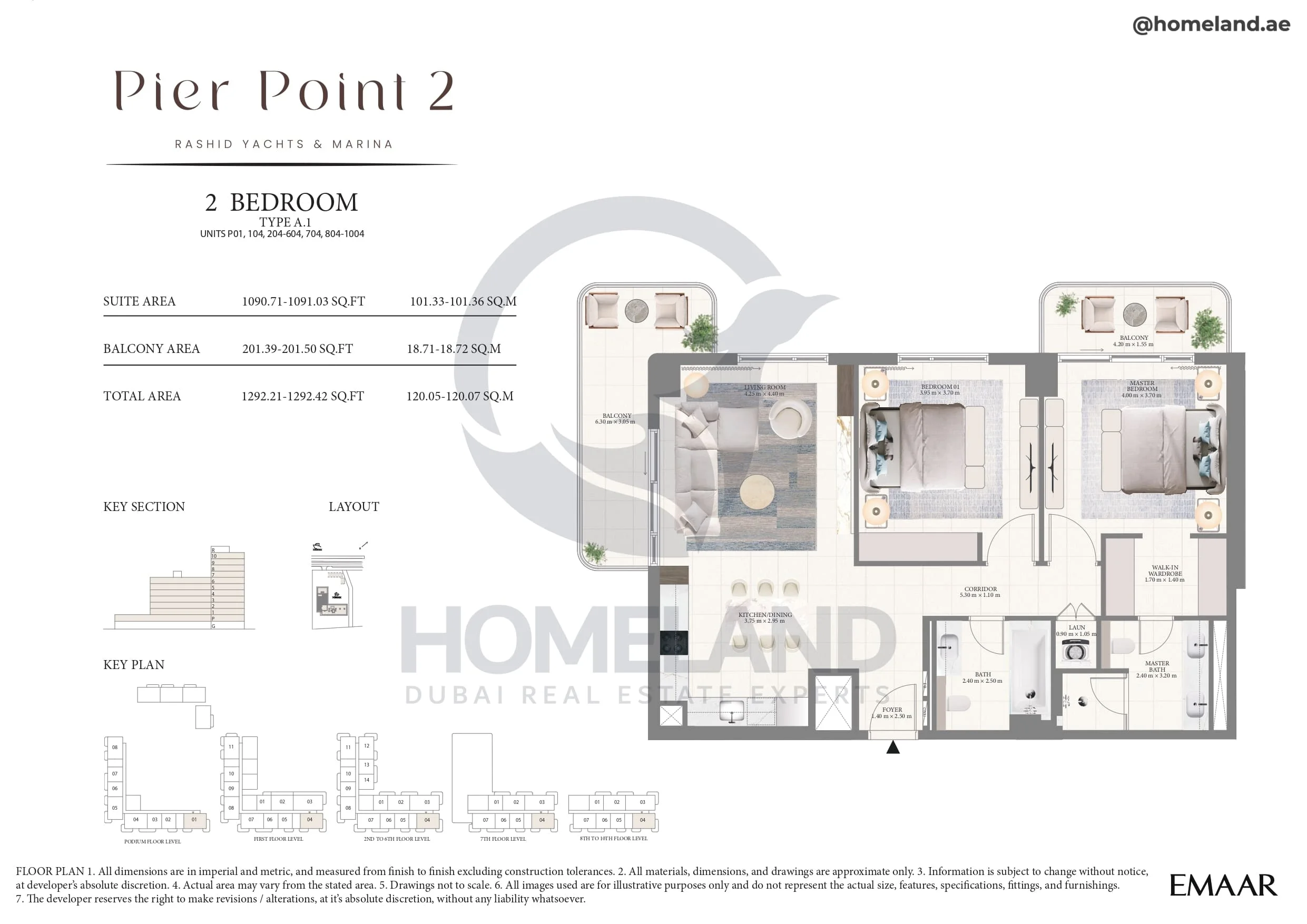 Pier Point 1, 2BR, Type A.1, Unit P01-104-204 to 604-704-804 to 1004, Level P to 10, 1292 SQFT