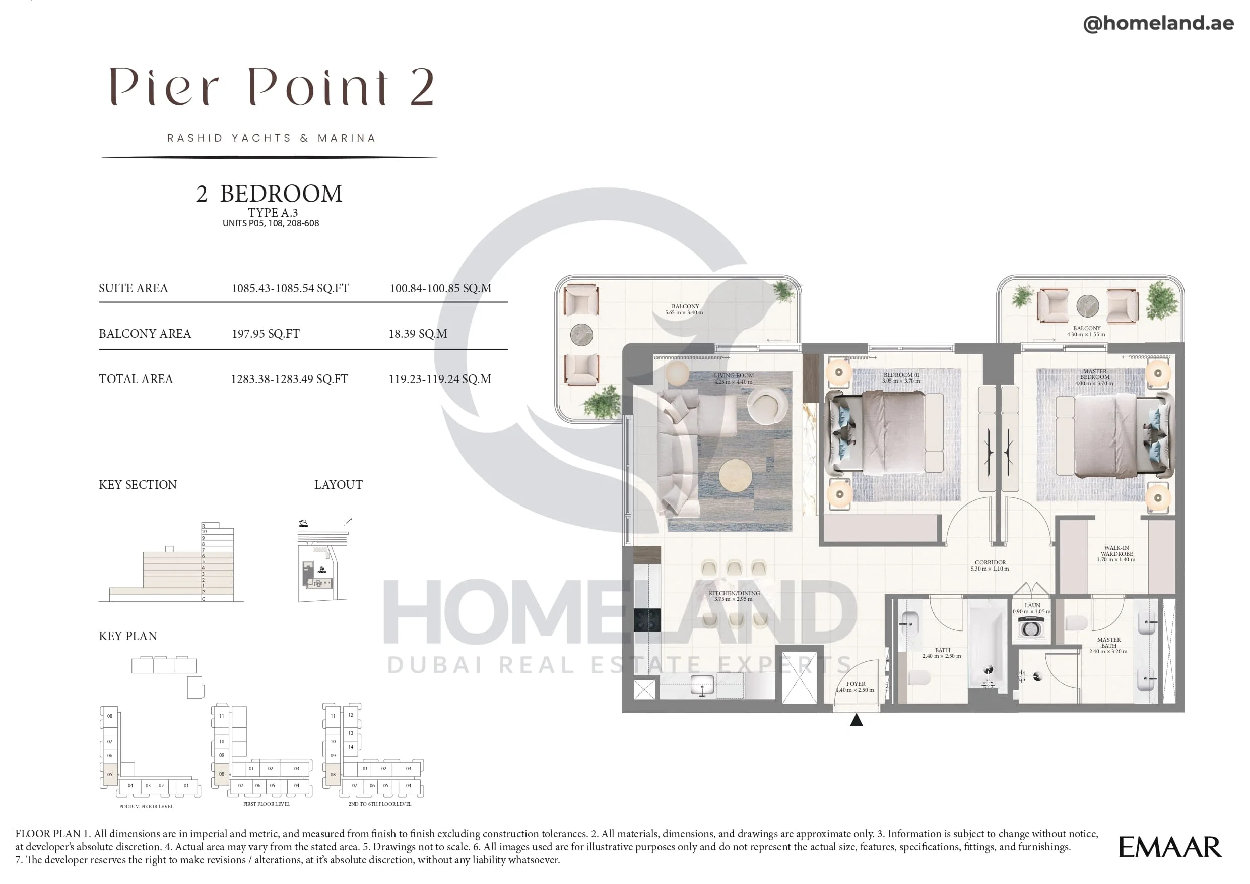 Pier Point 1, 2BR, Type A.3, Unit P05-108-208 to 608, Level P to 6, 1283 SQFT