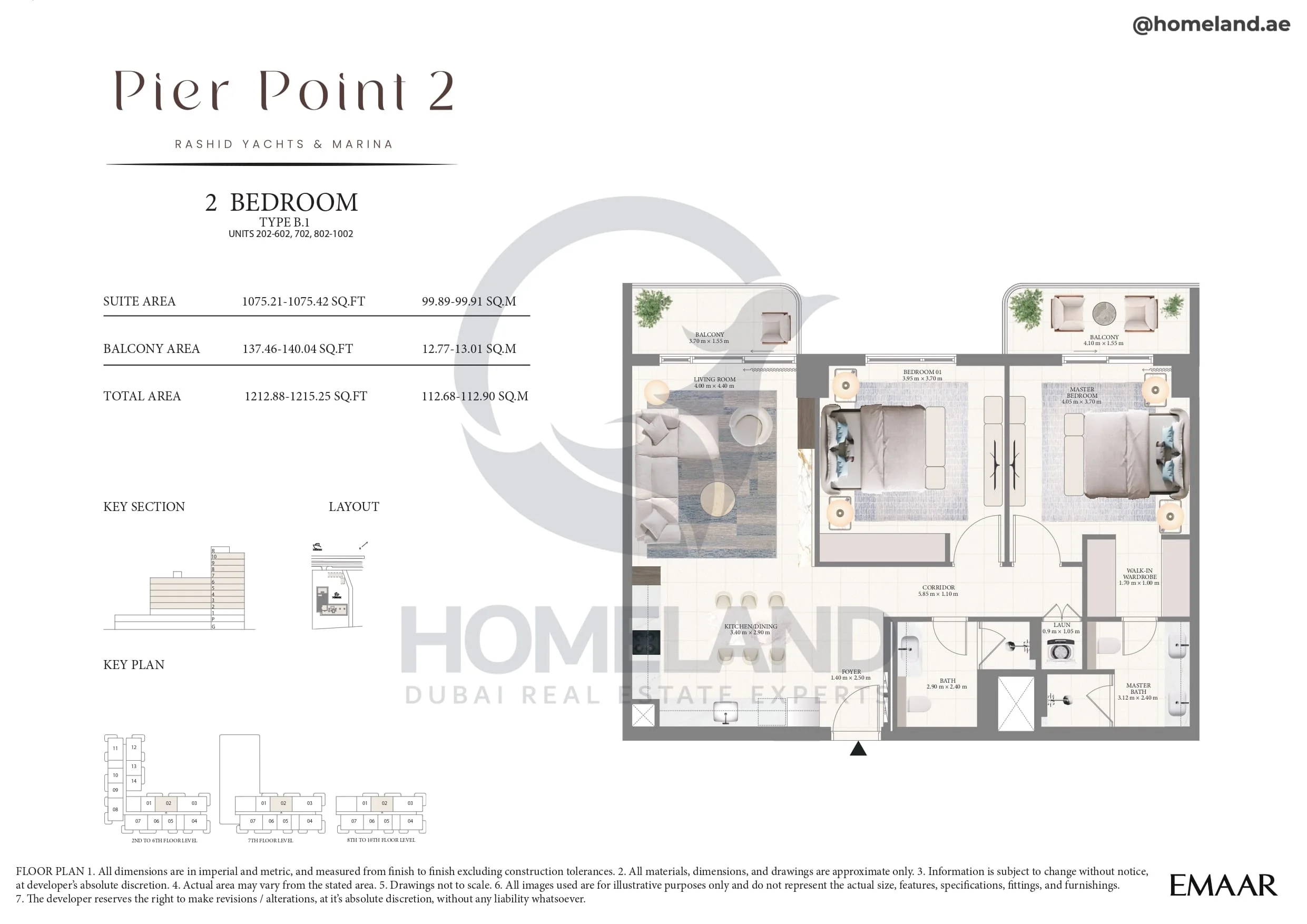 Pier Point 1, 2BR, Type B.1, Unit 202 to 602-702-802 to 1002, Level 2 to 10, 1215 SQFT