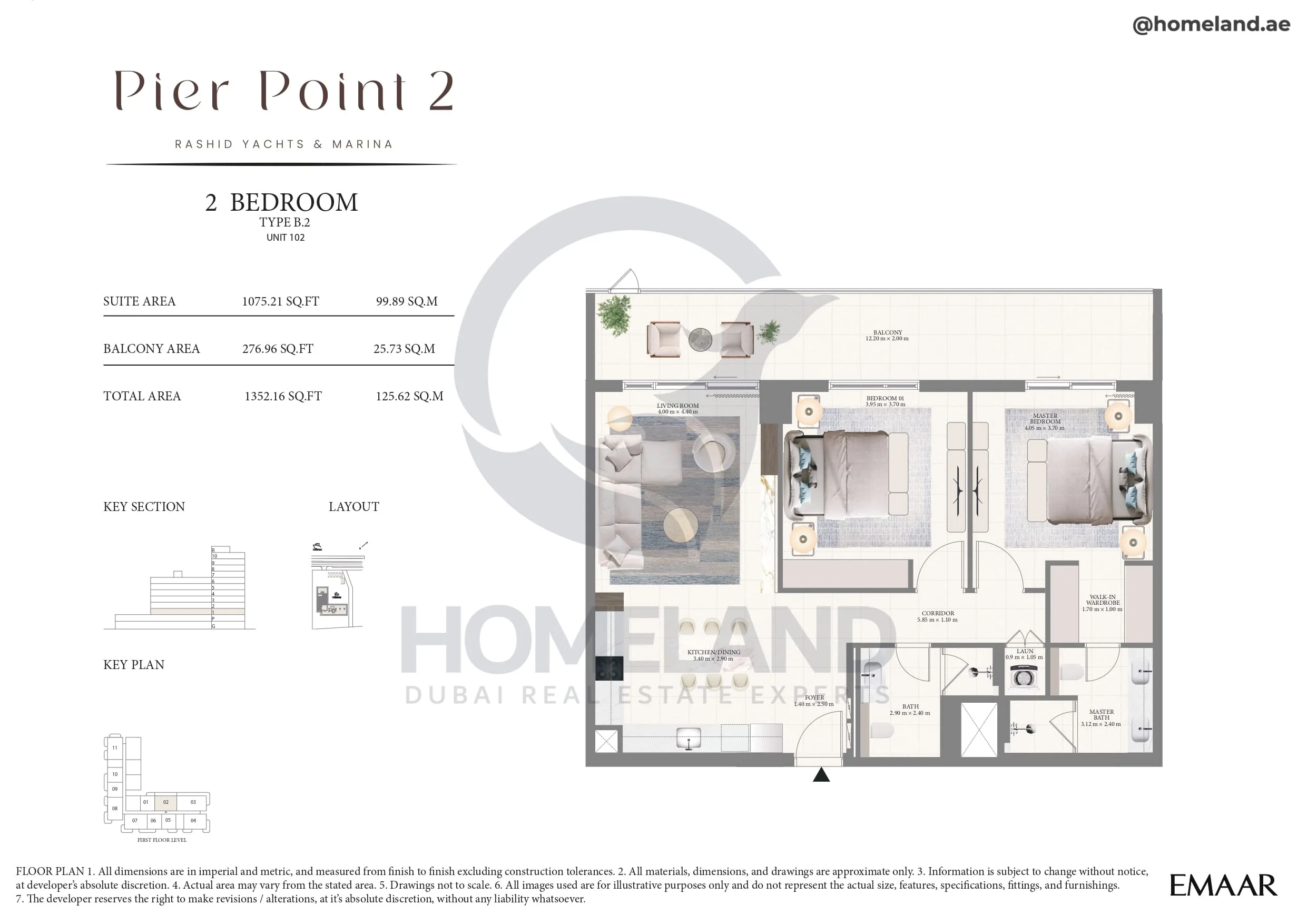 Pier Point 1, 2BR, Type B.2, Unit 102, Level 1, 1352 SQFT