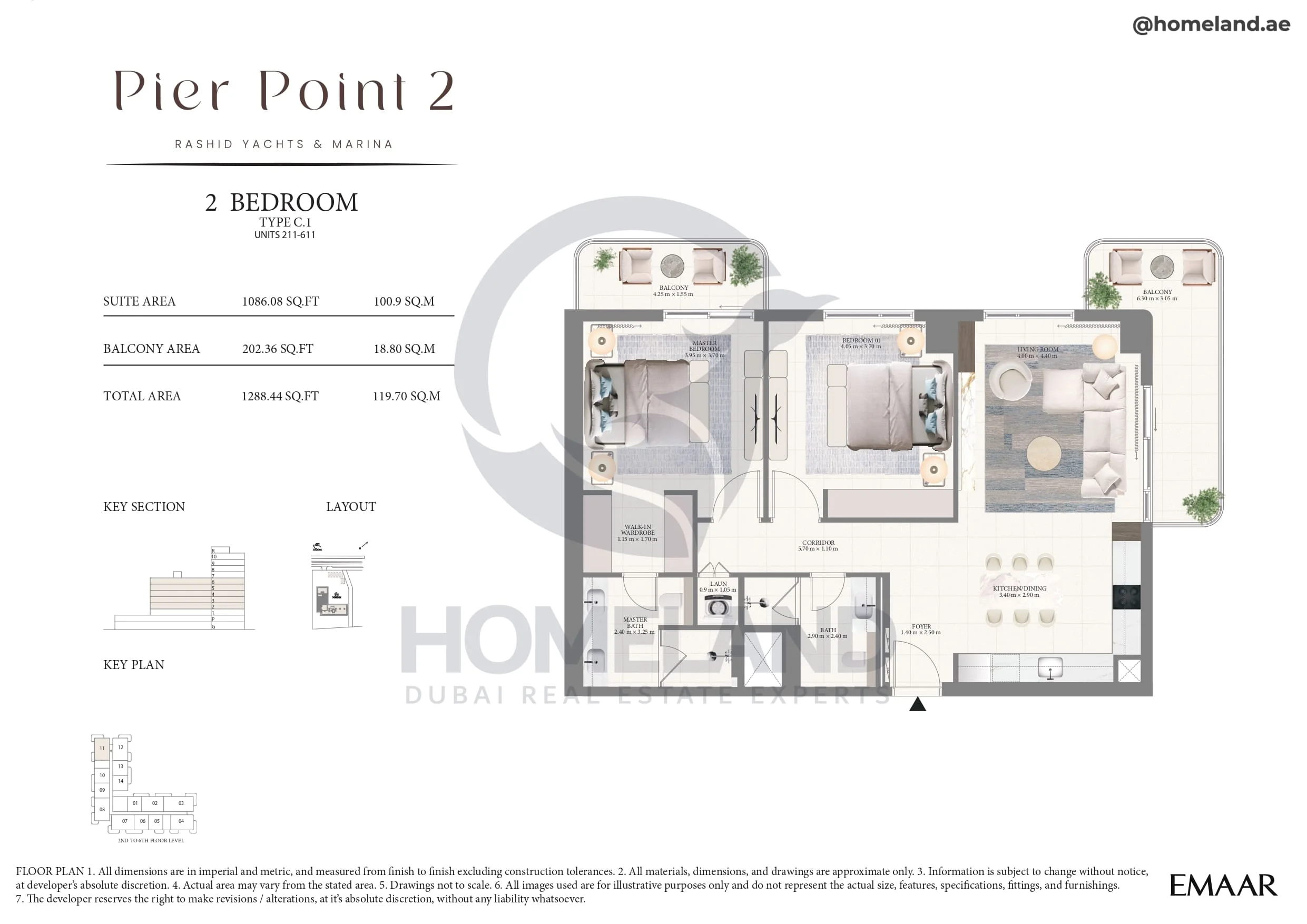 Pier Point 1, 2BR, Type C.1, Unit 211 to 611, Level 2 to 6, 1288 SQFT