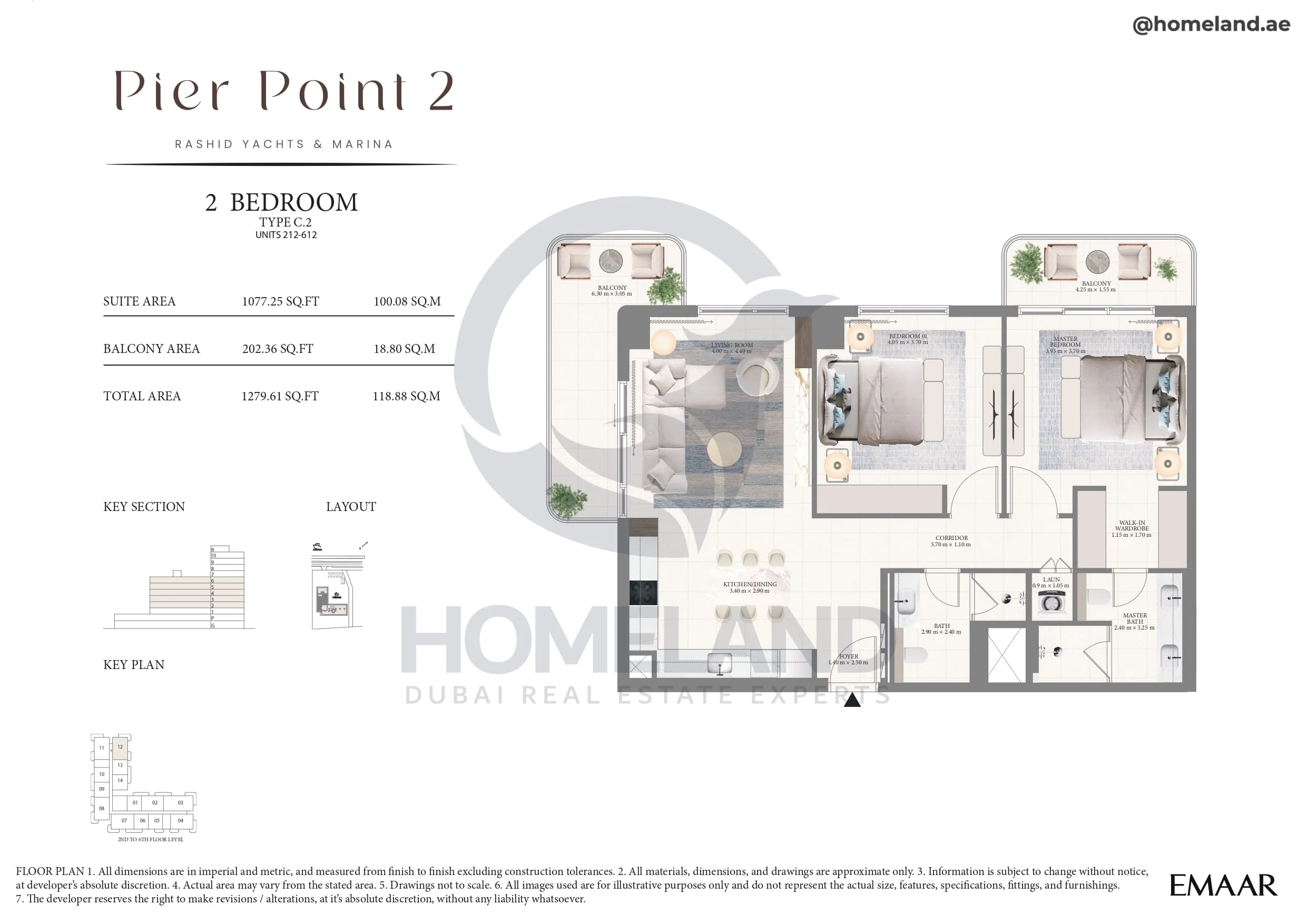 Pier Point 1, 2BR, Type C.2, Unit 212 to 612, Level 2 to 6, 1279 SQFT
