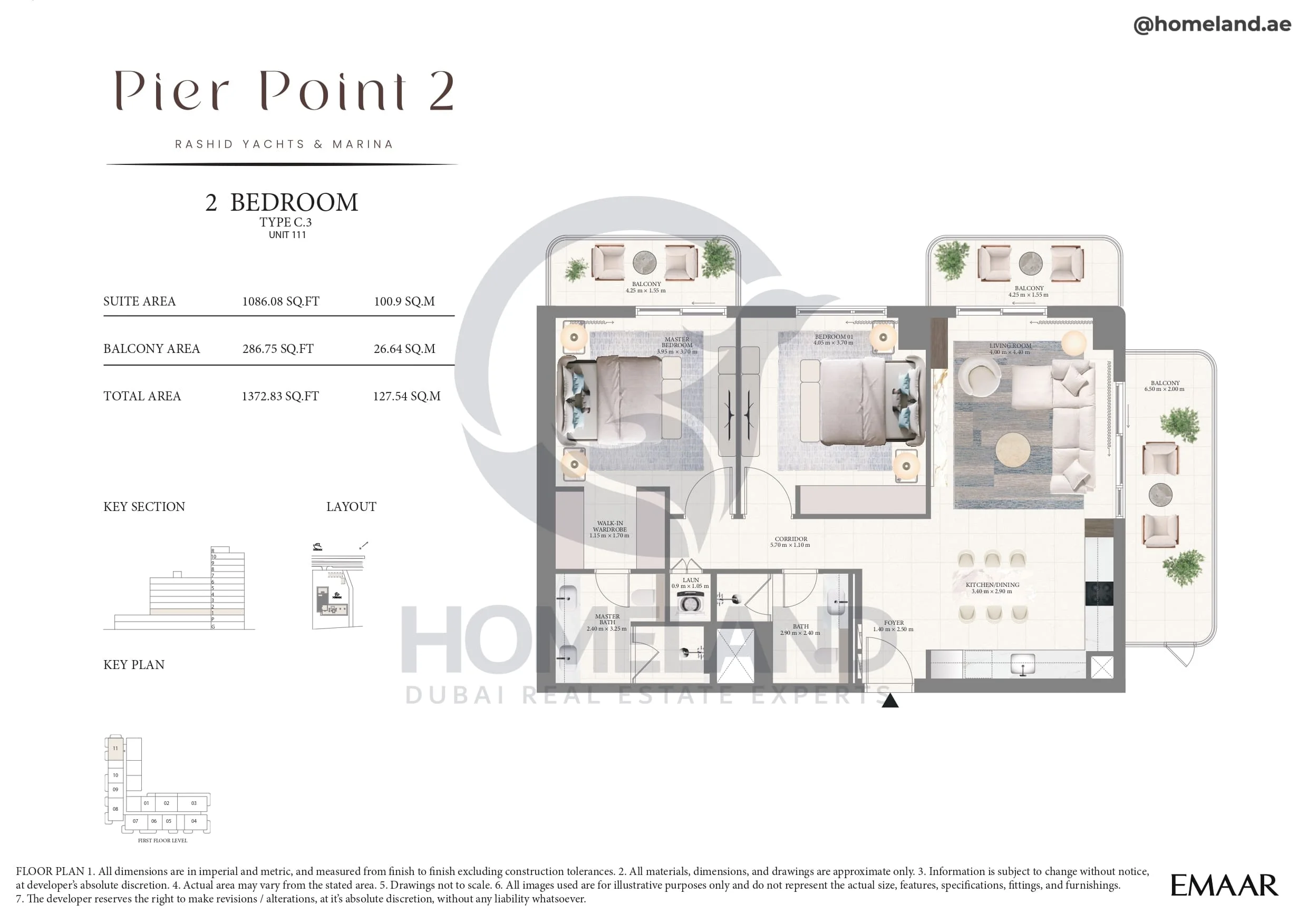 Pier Point 1, 2BR, Type C.3, Unit 111, Level 1, 1372 SQFT