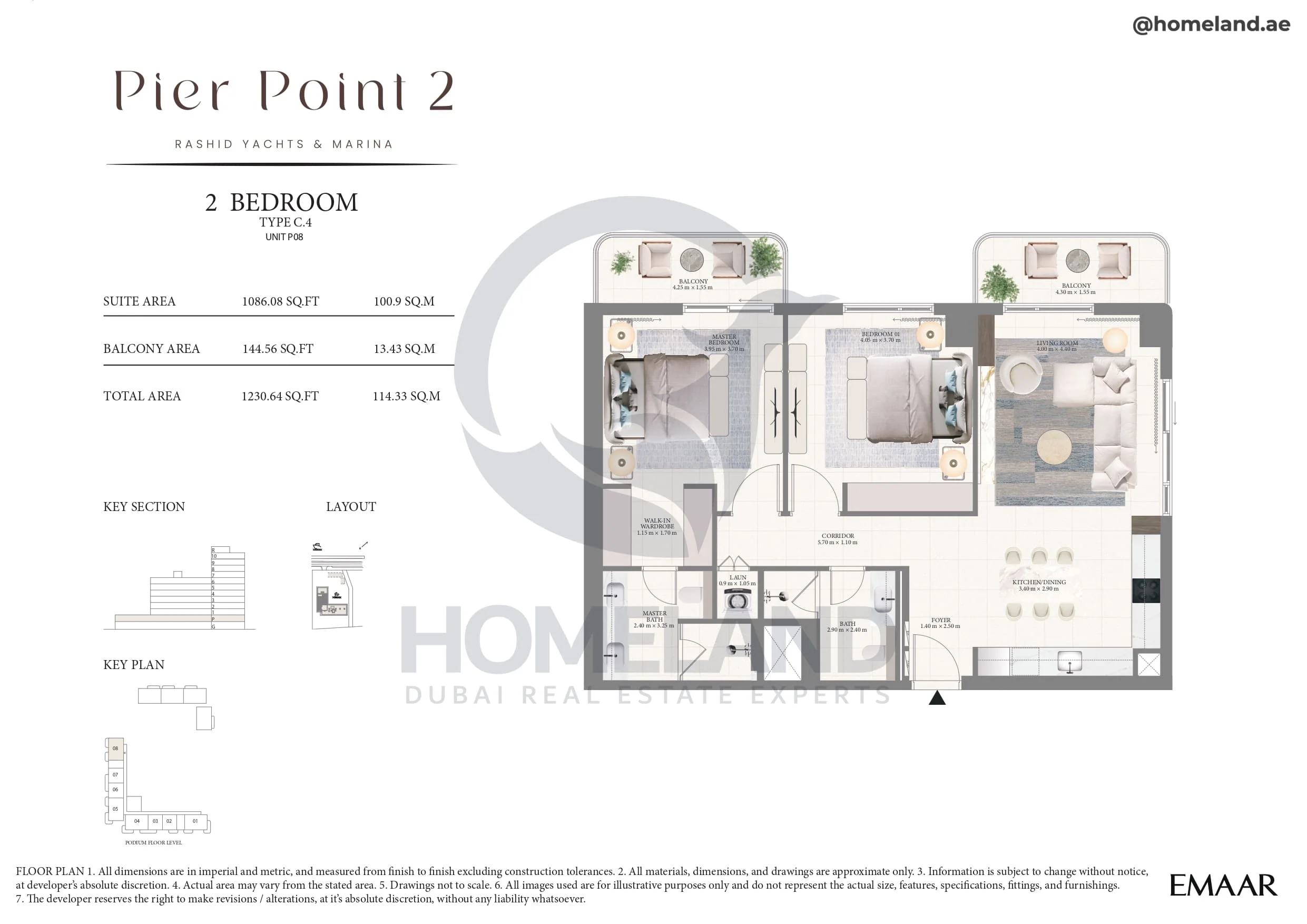 Pier Point 1, 2BR, Type C.4, Unit P08, Level P, 1230 SQFT