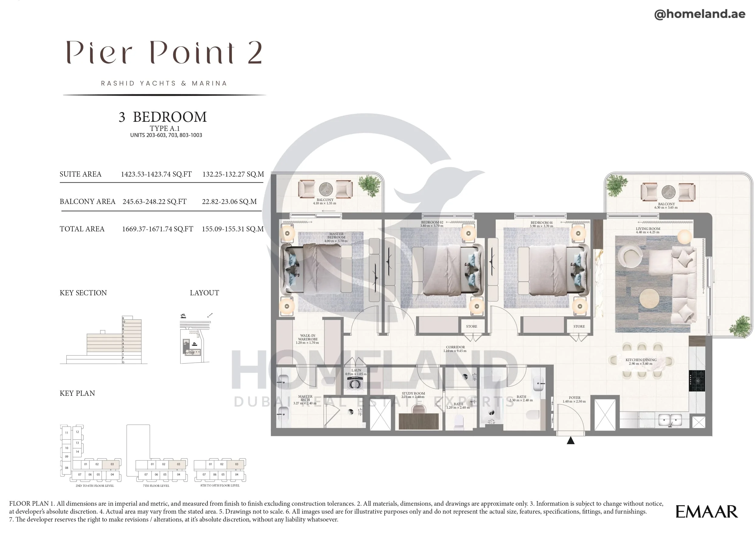 Pier Point 1, 3BR, Type A.1, Unit 203 to 603-703-803 to 1003, Level 2 to 10, 1671 SQFT