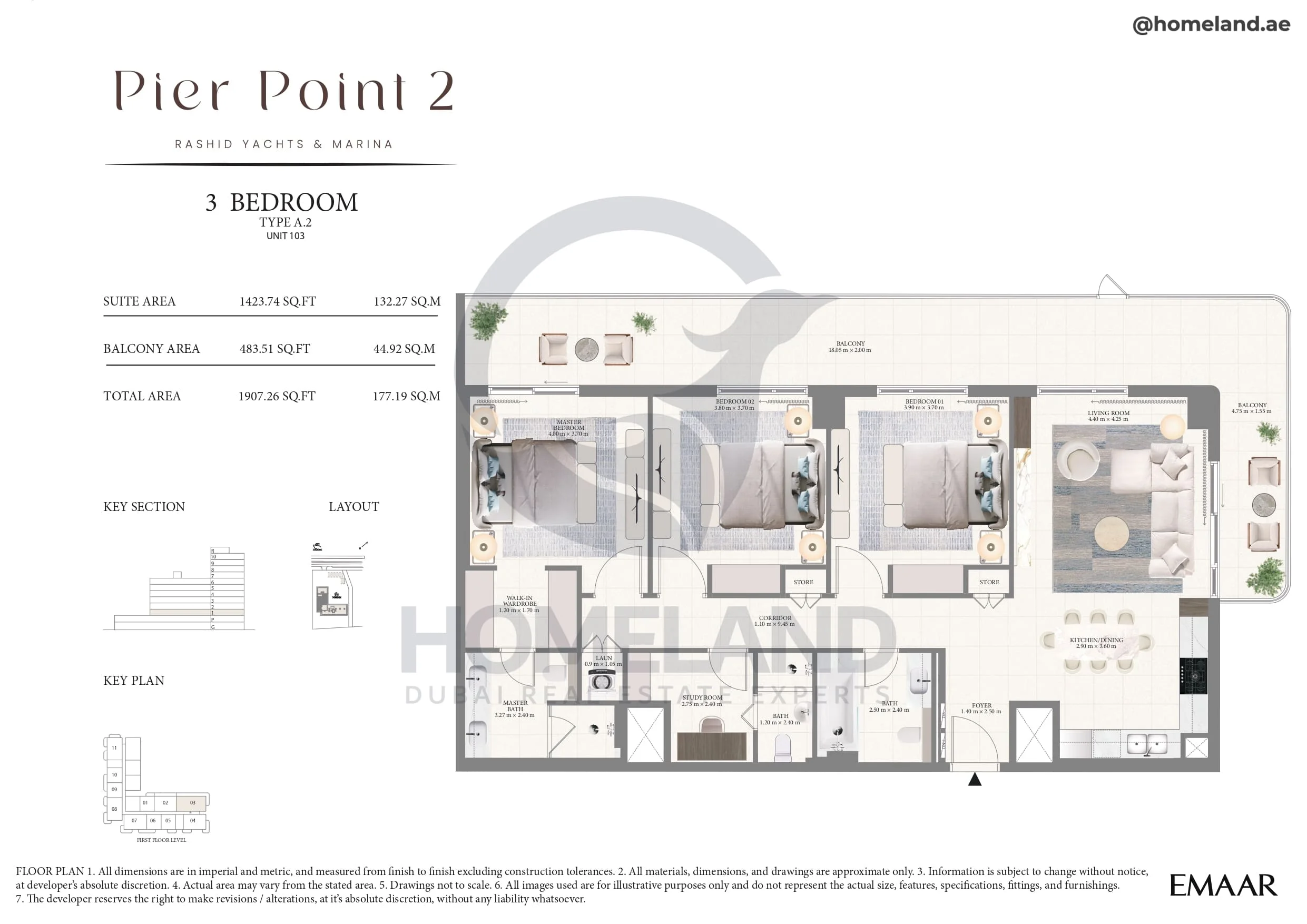 Pier Point 1, 3BR, Type A.2, Unit 103, Level 1, 1907 SQFT