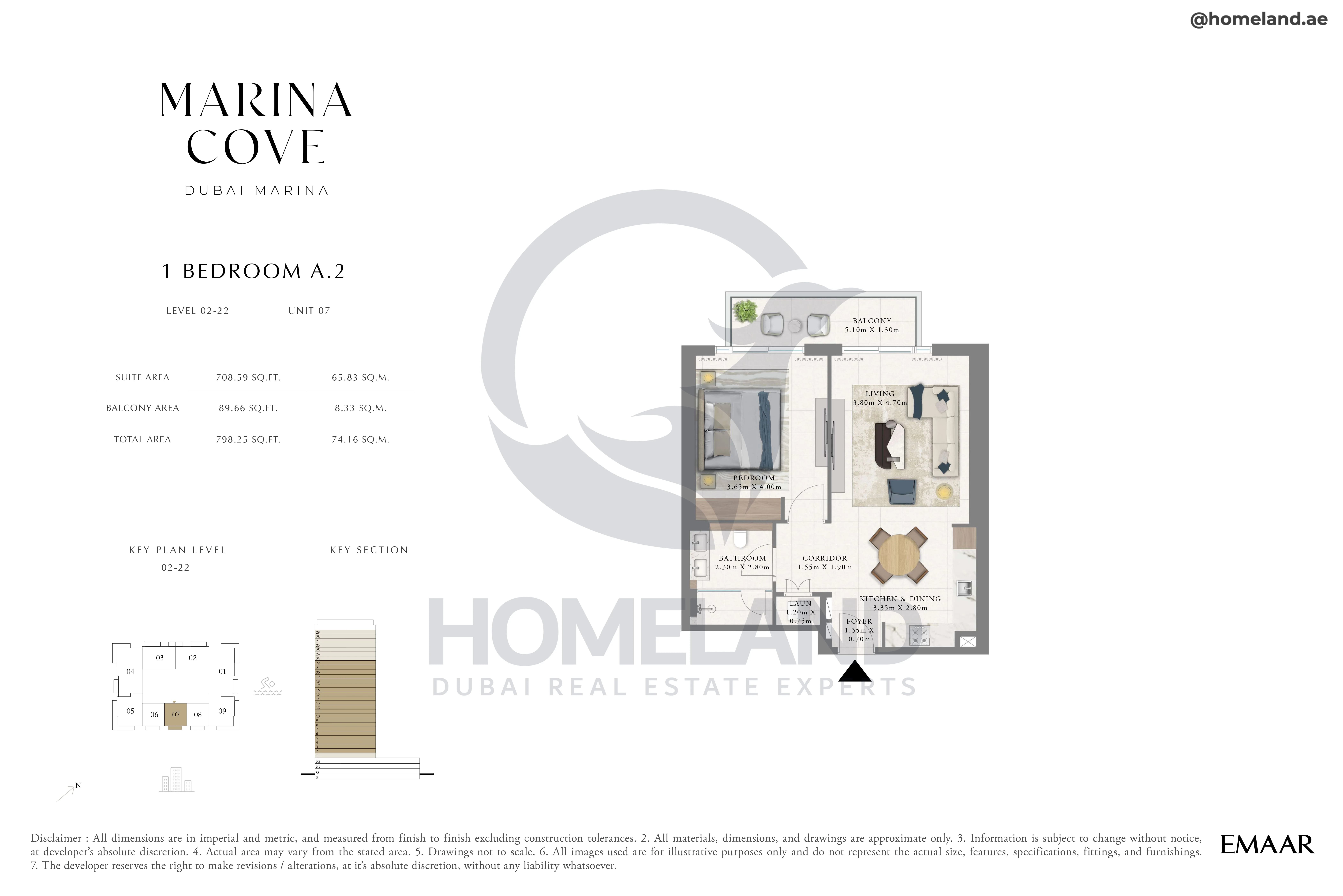 Marina Cove, 1BR, Type A.2, Level 2 to 22, Unit 07, 798 SQFT