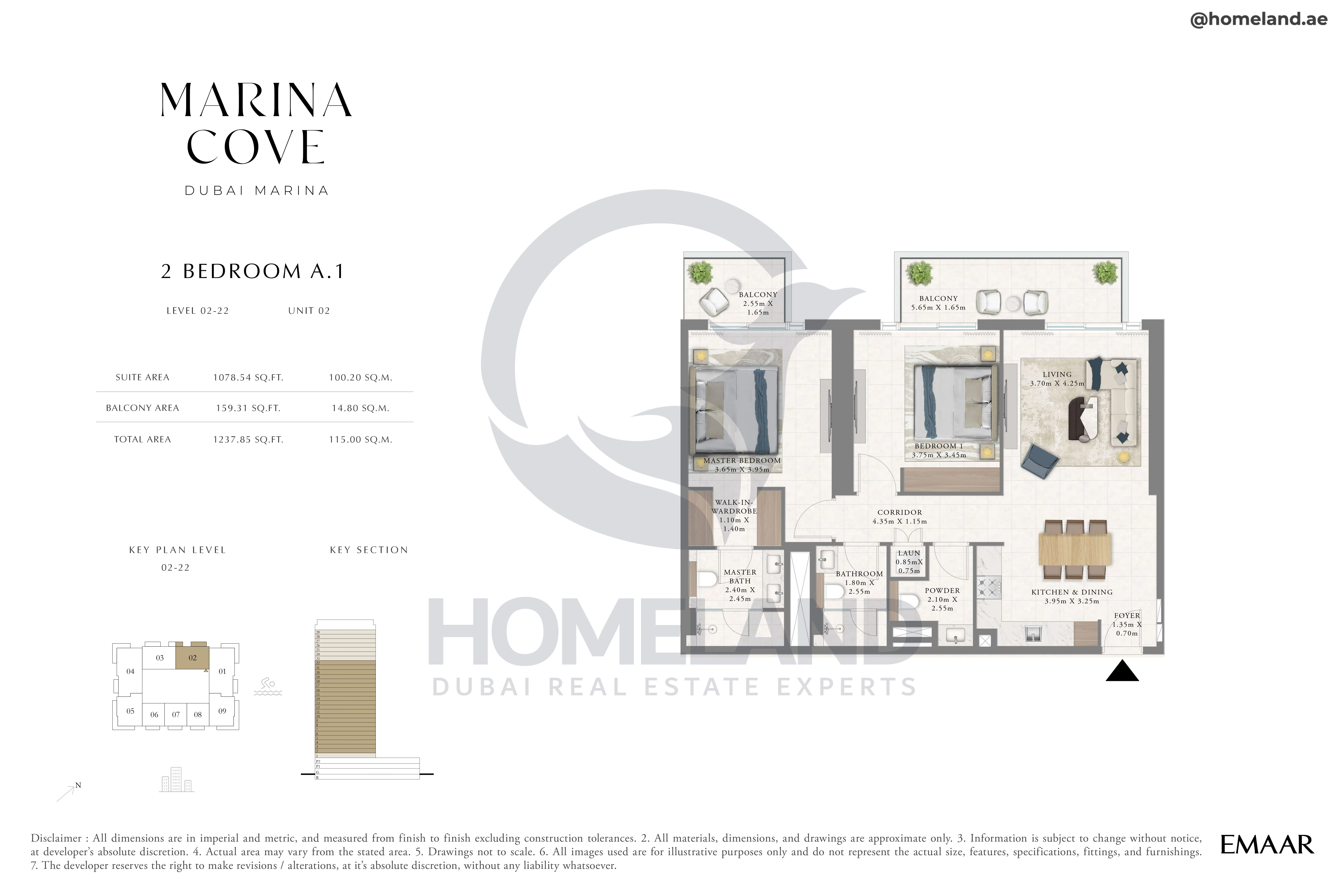 Marina Cove, 2BR, Type A.1, Level 2 to 22, Unit 02, 1237 SQFT