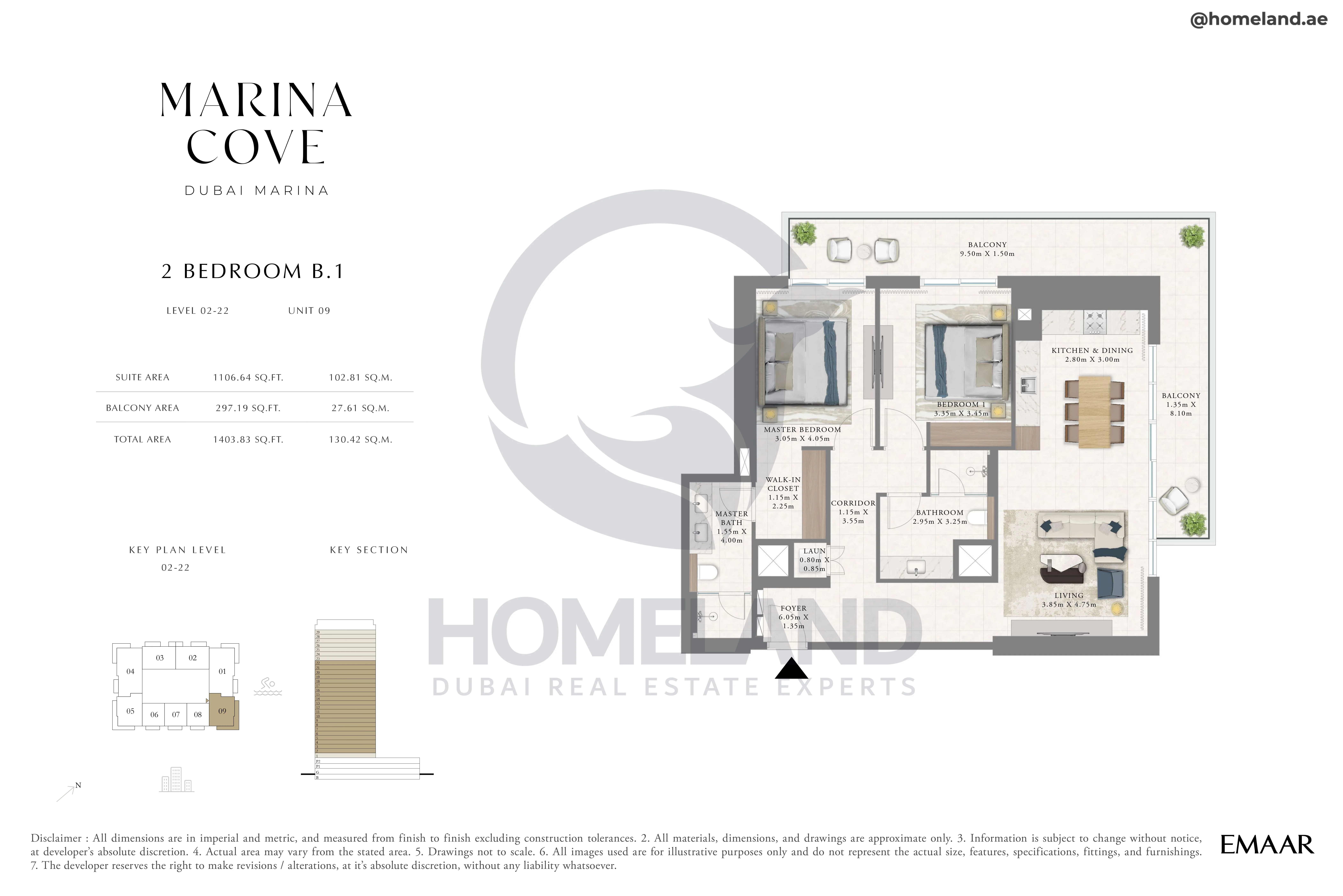 Marina Cove, 2BR, Type B.1, Level 2 to 22, Unit 09, 1403 SQFT