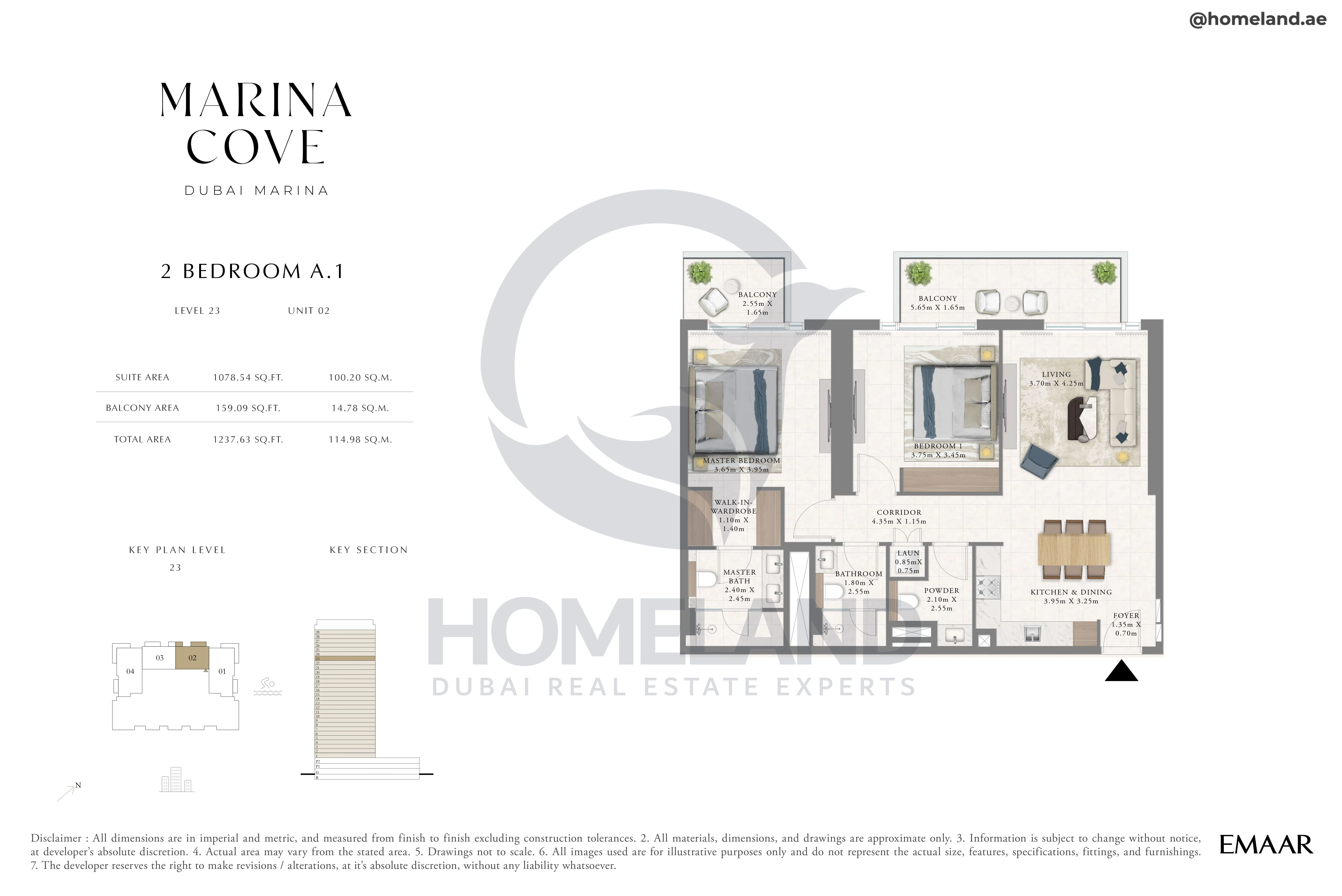 Marina Cove, 2BR, Type A.1, Level 23, Unit 02, 1237 SQFT