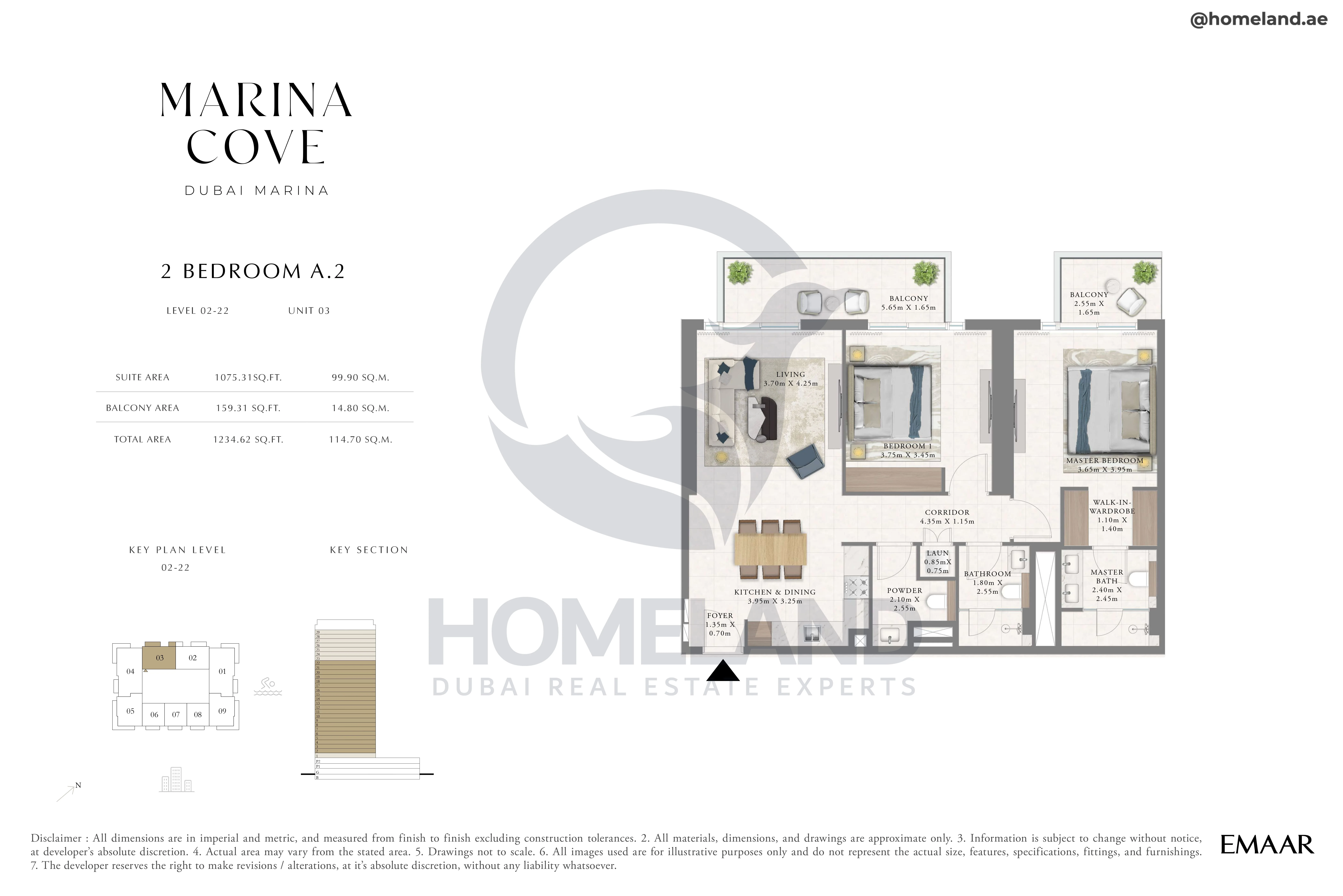 Marina Cove, 2BR, Type A.2, Level 2 to 22, Unit 03, 1234 SQFT