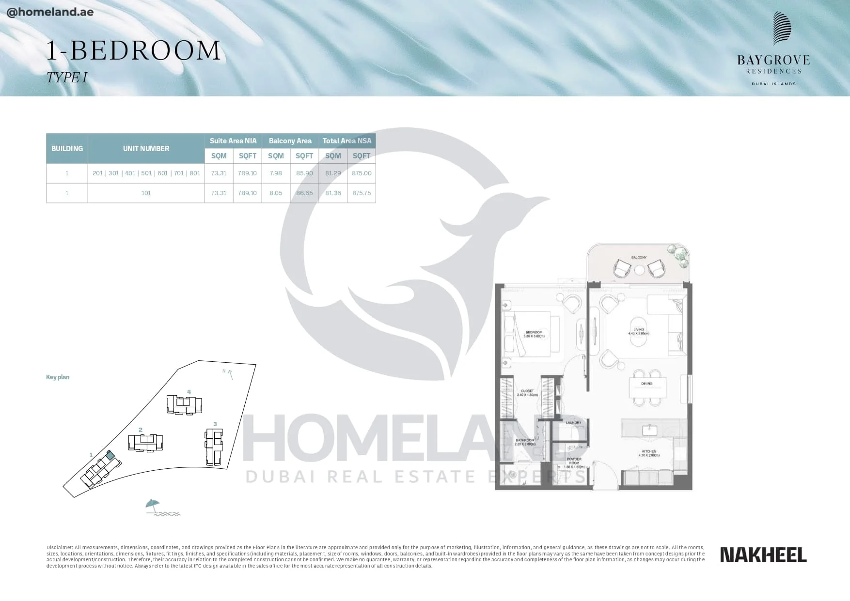 Bay Grove Residences, 1BR, Type I, Building 1, Unit 201-301-401-501-601-701-801-101, 875 SQFT