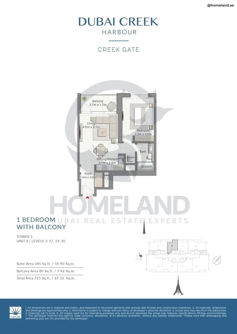 Creek Gate, Tower 1, 1BR, Unit 8, Level 3 to 17-19 to 30, 725 SQFT