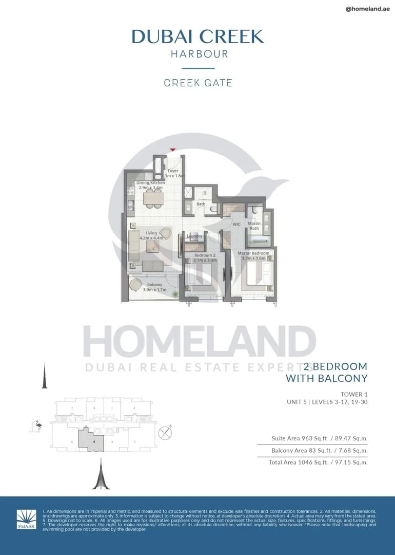 Creek Gate, Tower 1, 2BR, Unit 5, Level 3 to 17-19 to 30, 1046 SQFT