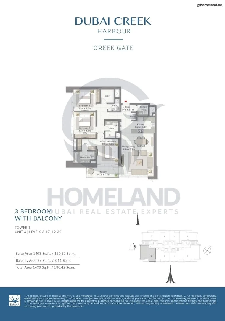 Creek Gate, Tower 1, 3BR, Unit 6, Level 3 to 17-19 to 30, 1490 SQFT