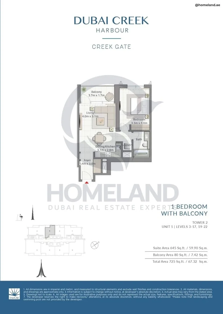 Creek Gate, Tower 2, 1BR, Unit 1, Level 3 to 17-19 to 22, 725 SQFT