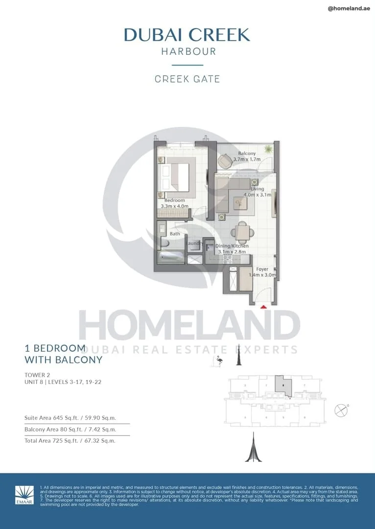Creek Gate, Tower 2, 1BR, Unit 8, Level 3 to 17-19 to 22, 725 SQFT