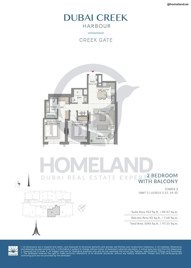 Creek Gate, Tower 2, 2BR, Unit 5, Level 3 to 17-19 to 22, 1046 SQFT