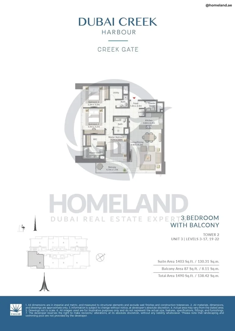Creek Gate, Tower 2, 3BR, Unit 3, Level 3 to 17-19 to 22, 1490 SQFT