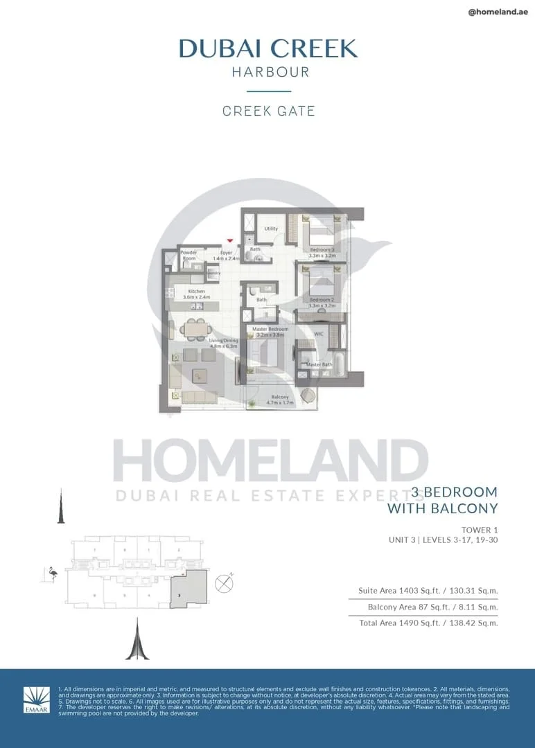 Creek Gate, Tower 1, 3BR, Unit 3, Level 3 to 17-19 to 30, 1490 SQFT