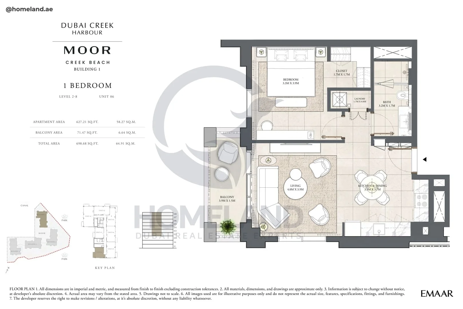Moor Creek Beach, Building 1, 1BR, Level 2 to 8, Unit 06, 698 SQFT