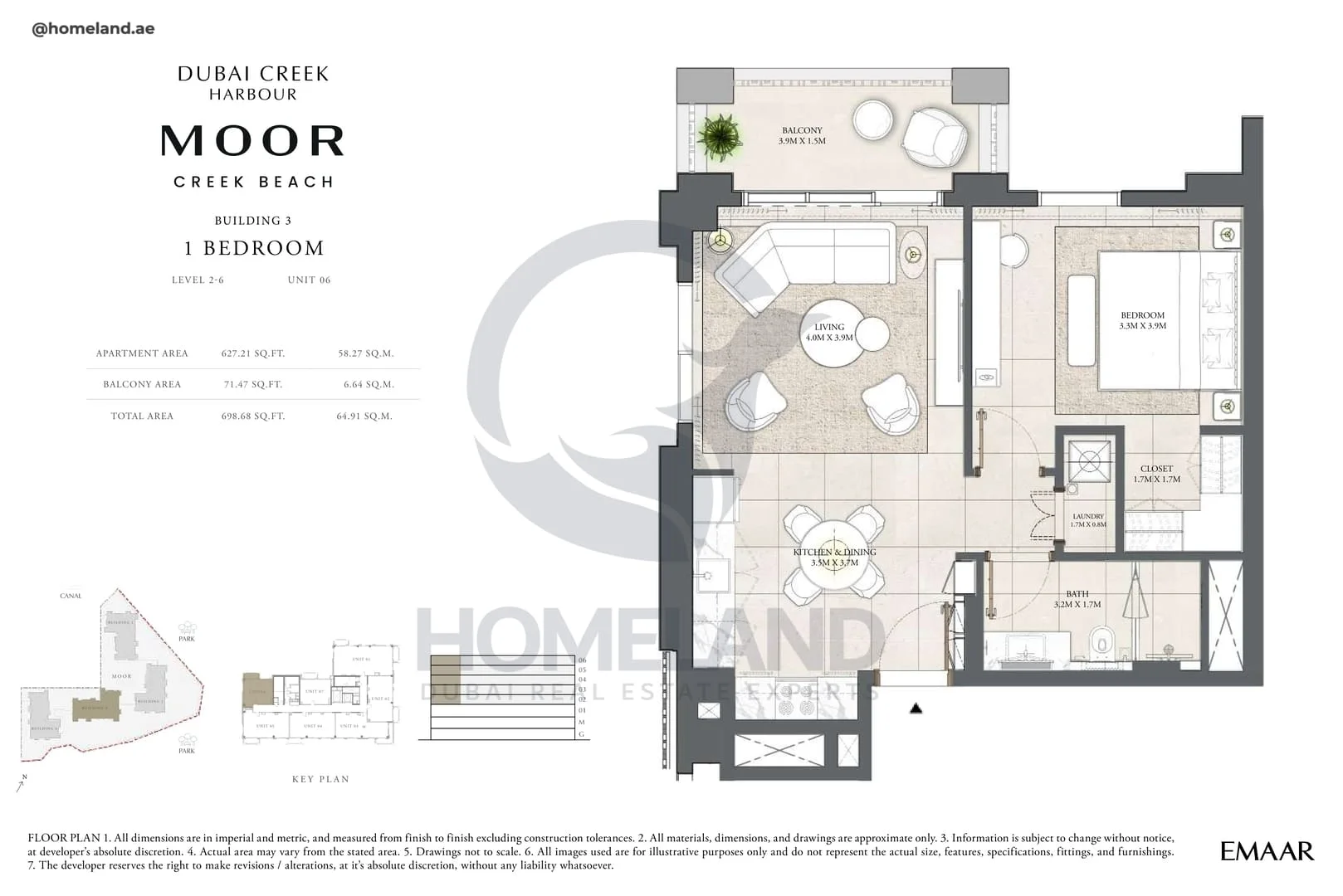 Moor Creek Beach, Building 3, 1BR, Level 2 to 6, Unit 06, 698 SQFT