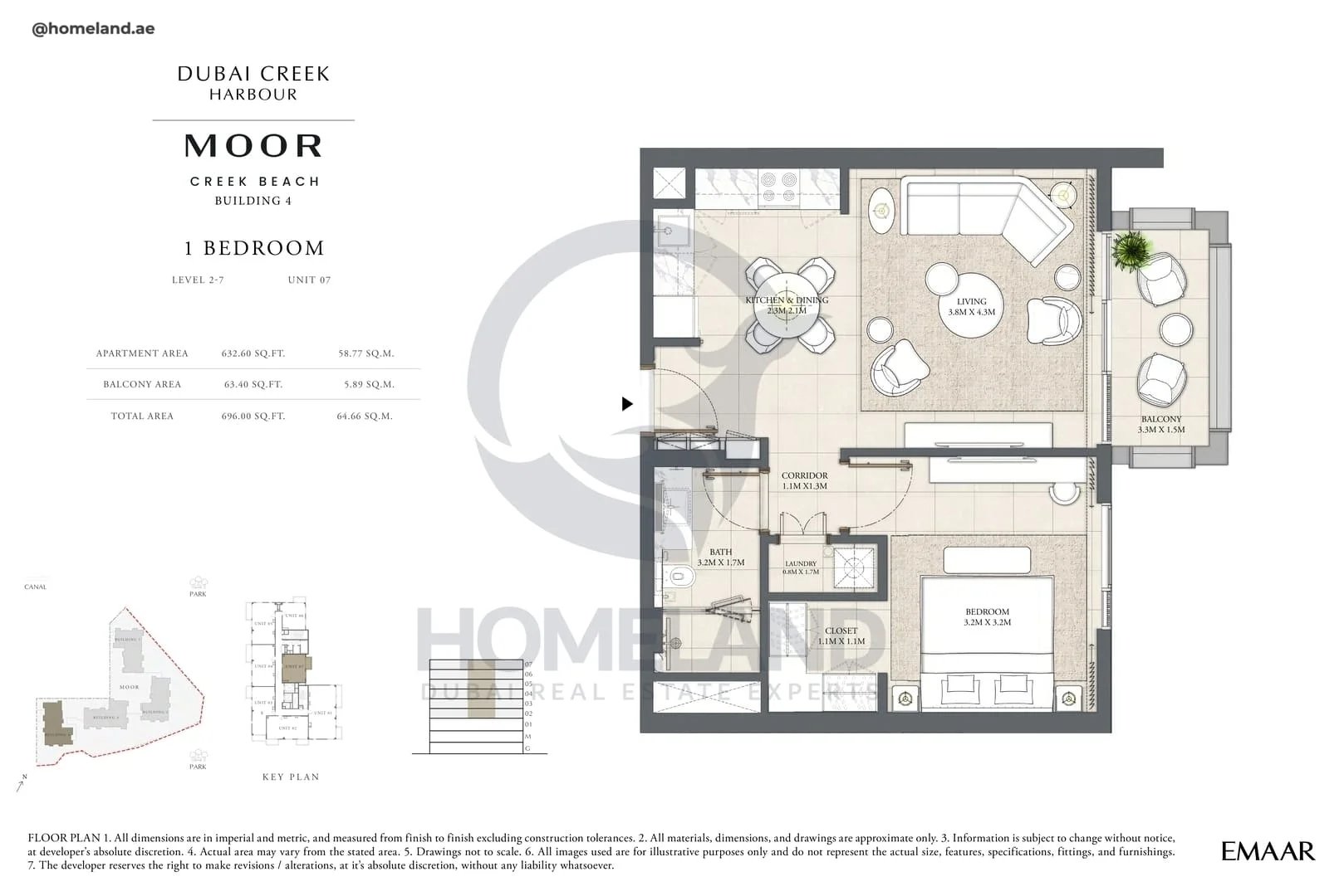 Moor Creek Beach, Building 4, 1BR, Level 2 to 7, Unit 07, 696 SQFT