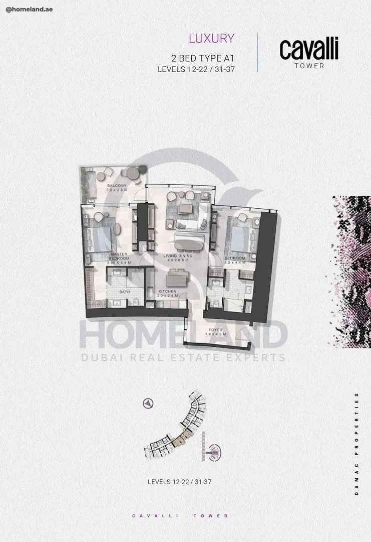 Cavalli Tower, Luxury, 2BR, Type A1, Level 12 to 22-31 to 37