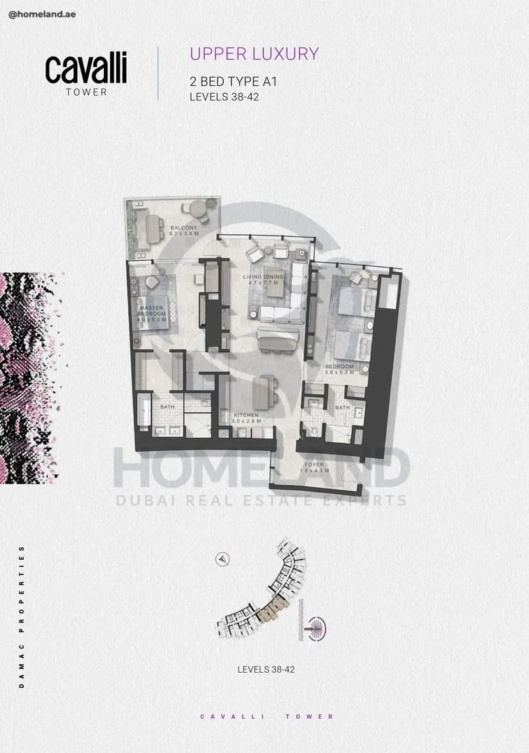 Cavalli Tower, Upper Luxury, 2BR, Type A1, Level 38 to 42