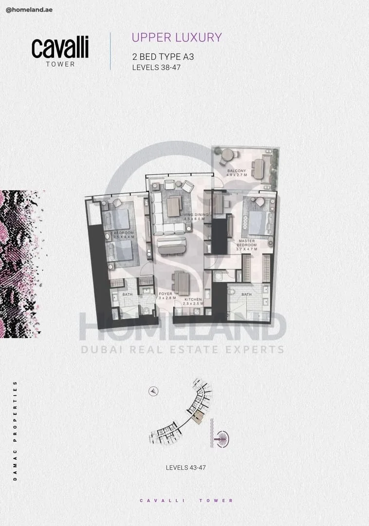 Cavalli Tower, Upper Luxury, 2BR, Type A3, Level 38 to 47