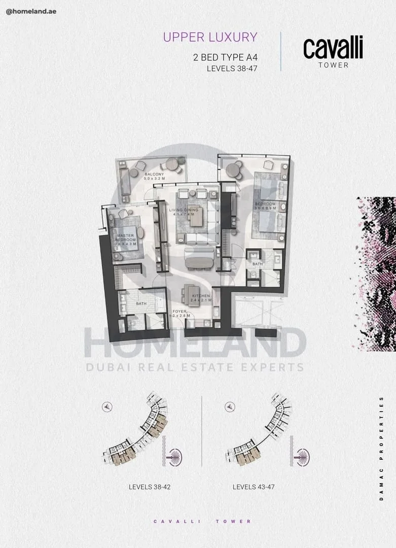 Cavalli Tower, Upper Luxury, 2BR, Type A4, Level 38 to 47