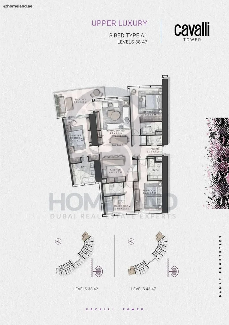 Cavalli Tower, Upper Luxury, 3BR, Type A1, Level 38 to 47