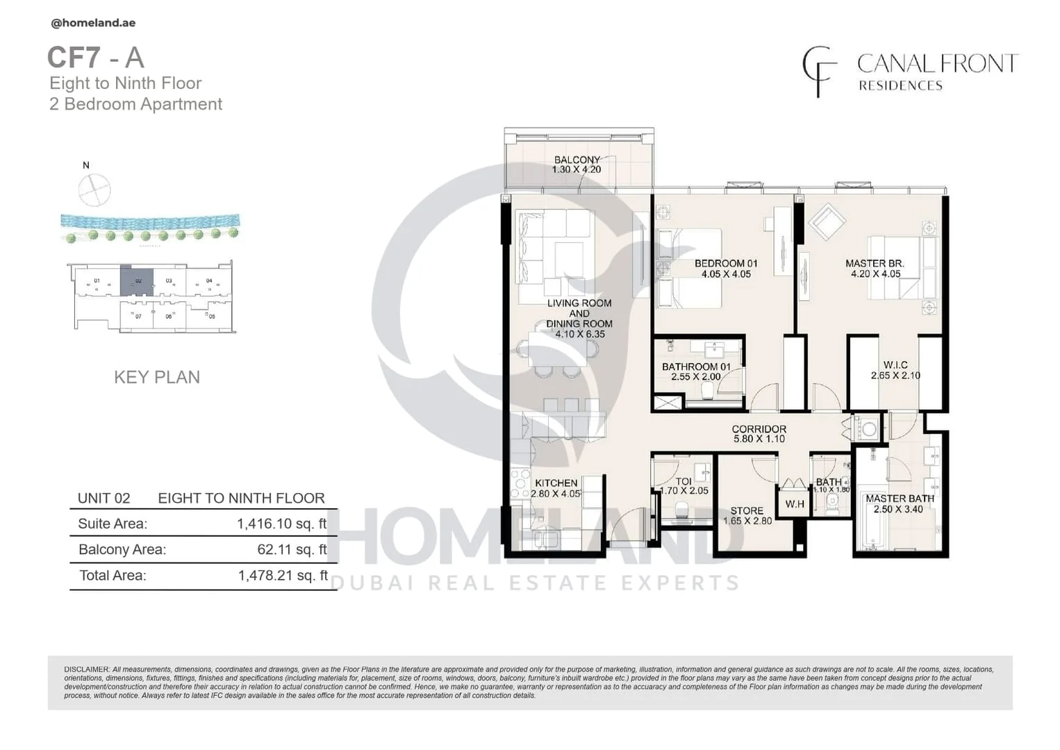Canal Front Residences, CF7-A, 2BR, Unit 02, Level 8 to 9, 1478 SQFT