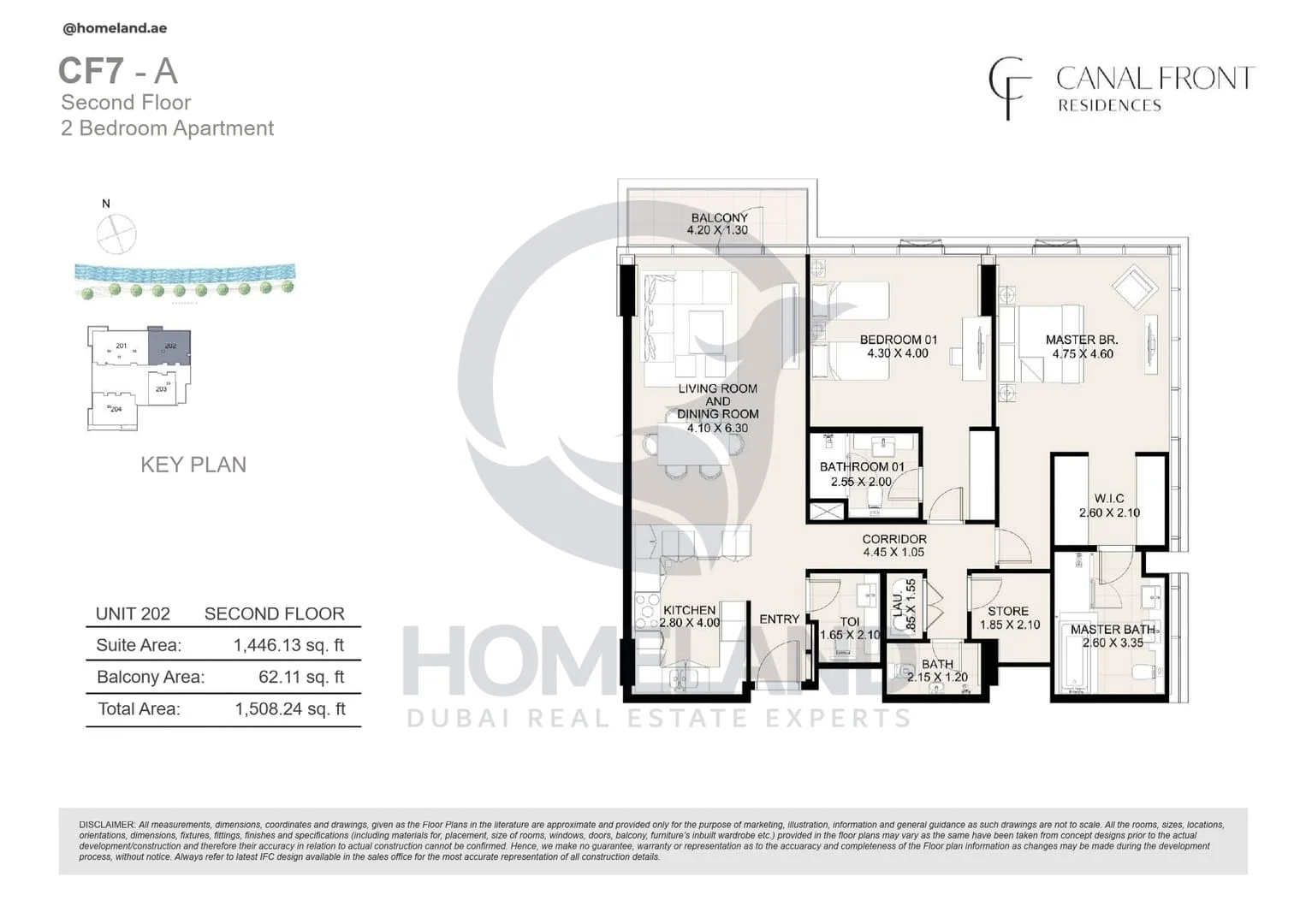 Canal Front Residences, CF7-A, 2BR, Unit 202, Level 2, 1508 SQFT