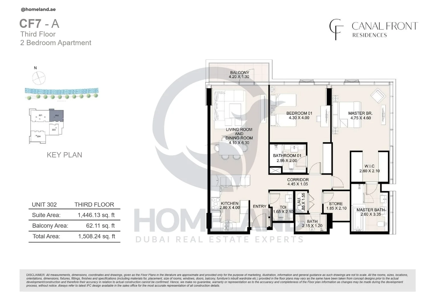 Canal Front Residences, CF7-A, 2BR, Unit 302, Level 3, 1508 SQFT