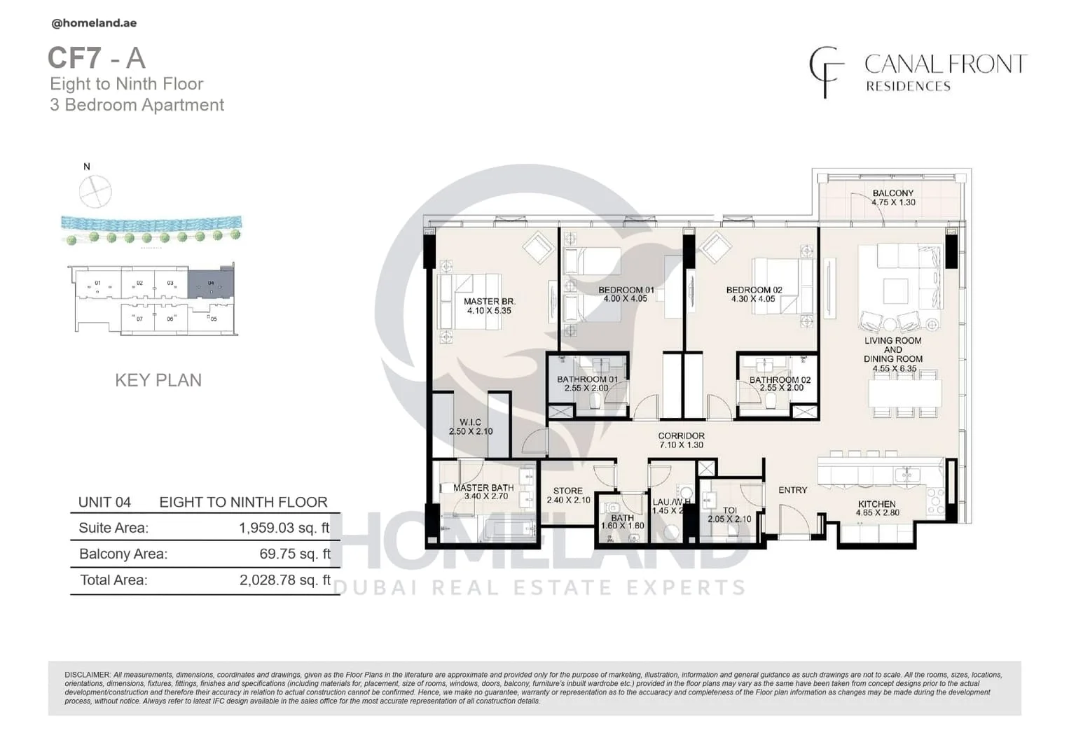 Canal Front Residences, CF7-A, 3BR, Unit 04, Level 8 to 9, 2028 SQFT