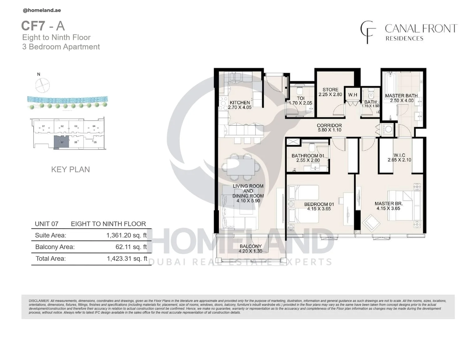 Canal Front Residences, CF7-A, 3BR, Unit 07, Level 8 to 9, 1423 SQFT