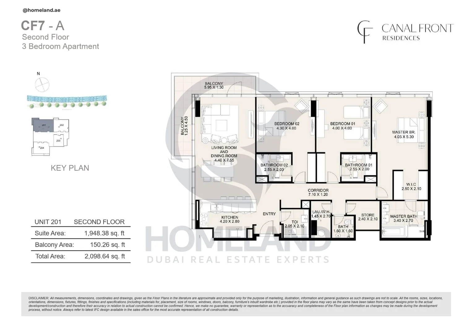 Canal Front Residences, CF7-A, 3BR, Unit 201, Level 2, 2098 SQFT