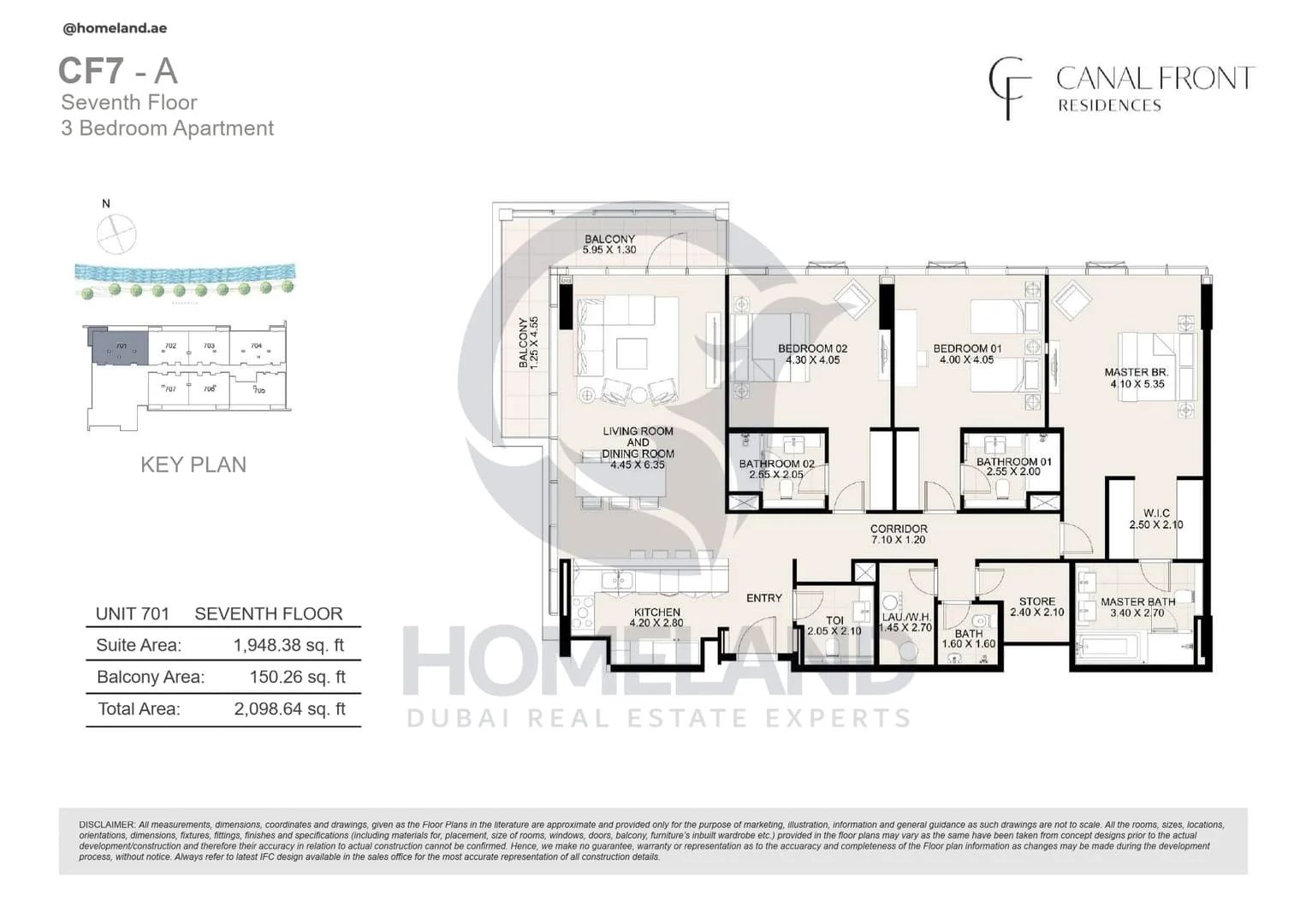 Canal Front Residences, CF7-A, 3BR, Unit 701, Level 7, 2098 SQFT