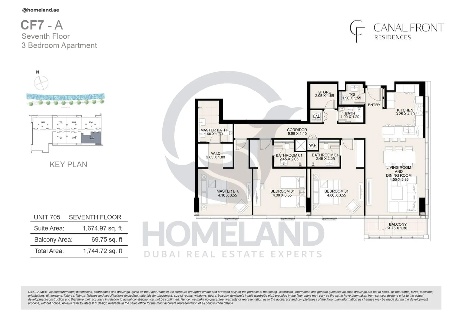 Canal Front Residences, CF7-A, 3BR, Unit 705, Level 7, 1744 SQFT