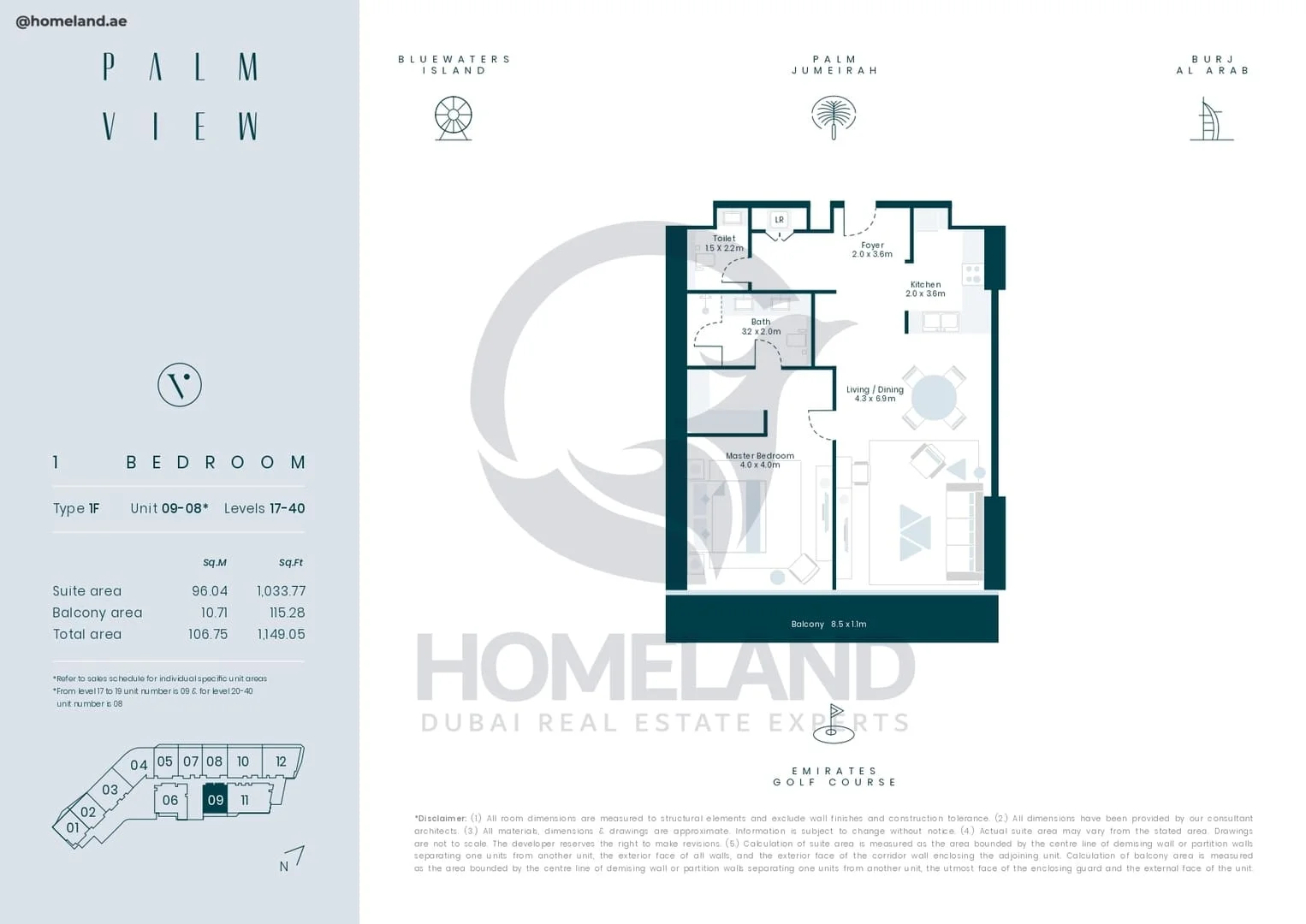 Palm View, 1BR, Type 1F, Unit 09-08, Level 17-40, 1149 SQFT
